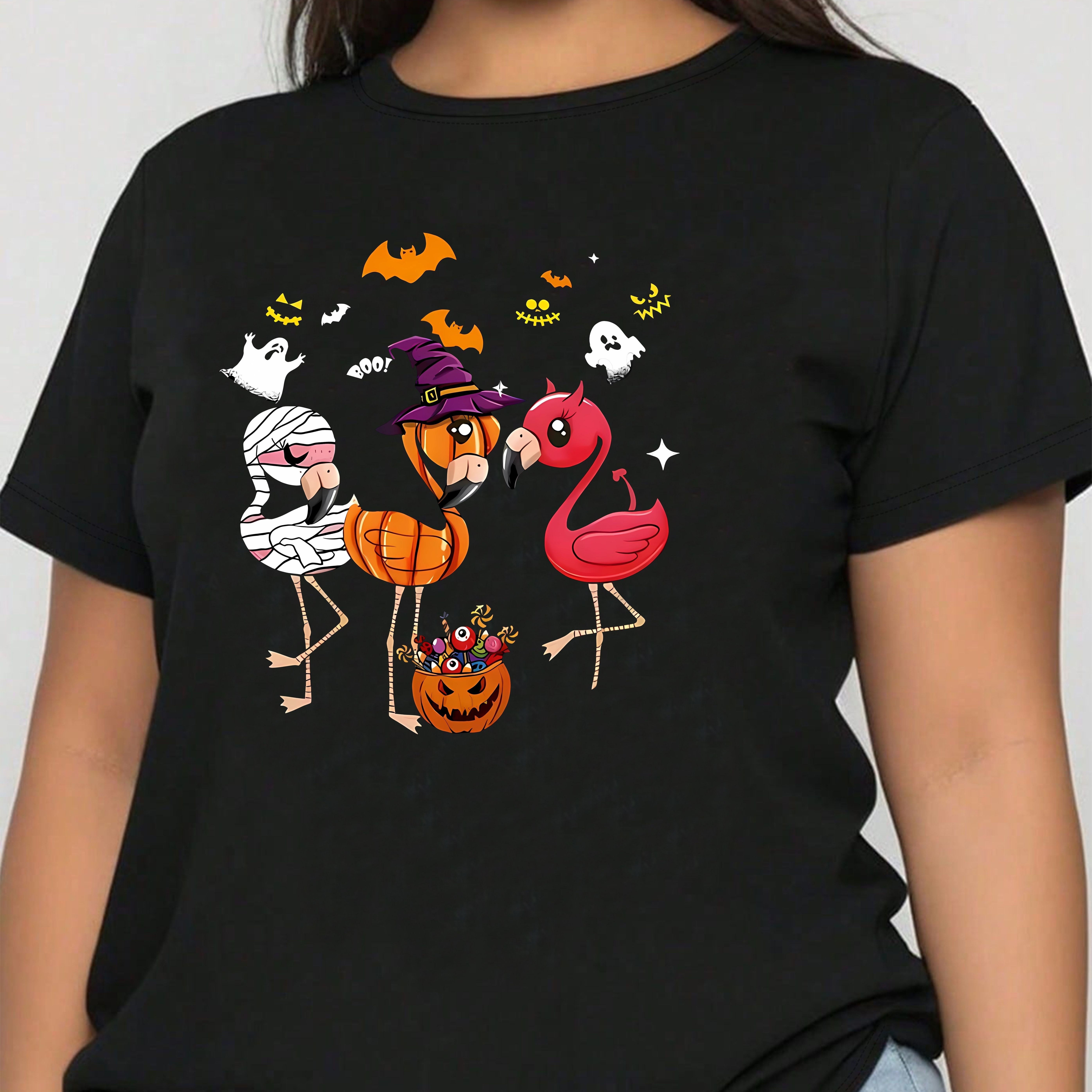 

Women's Plus Size Casual Sporty T-shirt, Halloween Hat Flamingo Ghost Print, Comfort Fit Short Sleeve Tee, Fashion Breathable Casual Top