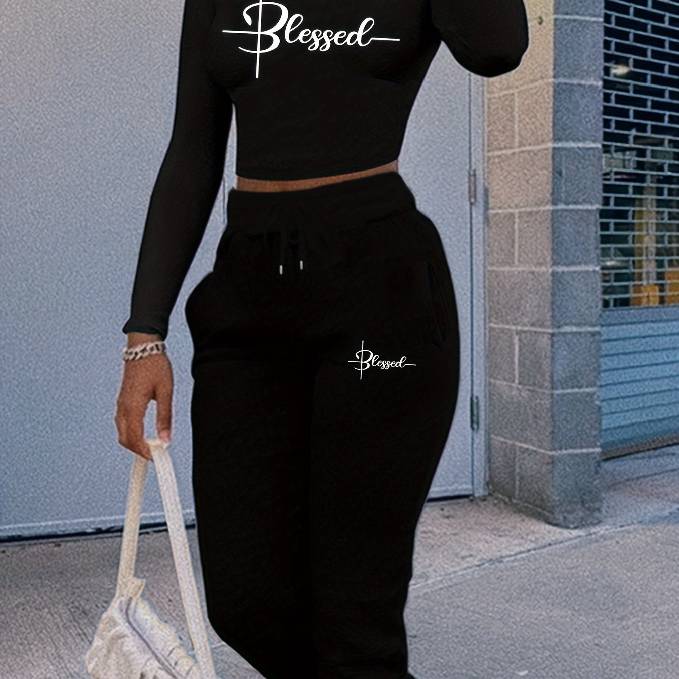 

Women's Casual Polyester Tracksuit - Crew Neck Long Sleeve Top With Drawstring Pocket Joggers Set, Letter Print Knit Suit For All