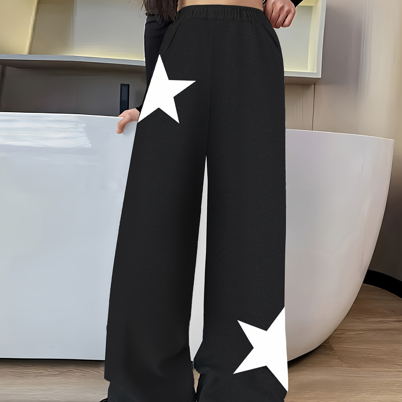 

Star Pattern Print Girl's Wide Leg Pants, Casual Comfortable Loose Trousers For Autumn