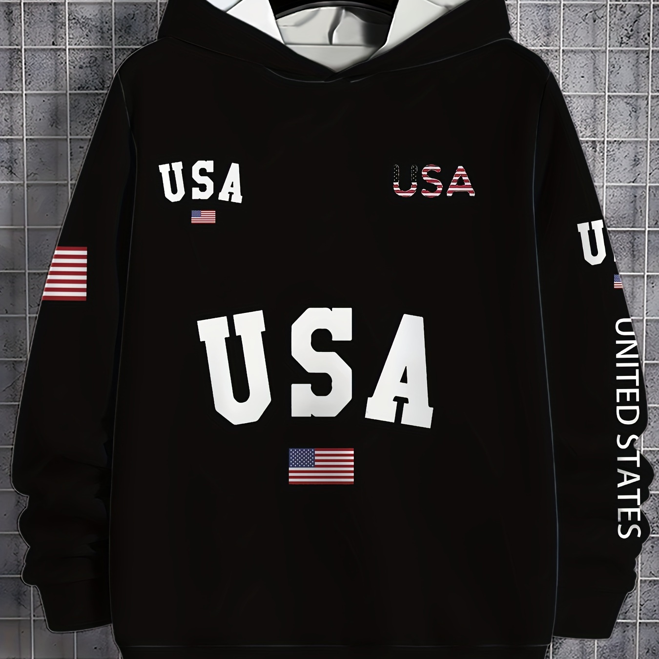 

Men's Casual Hoodie With Usa Print - Comfortable Polyester Pullover, Spring/fall Outdoor