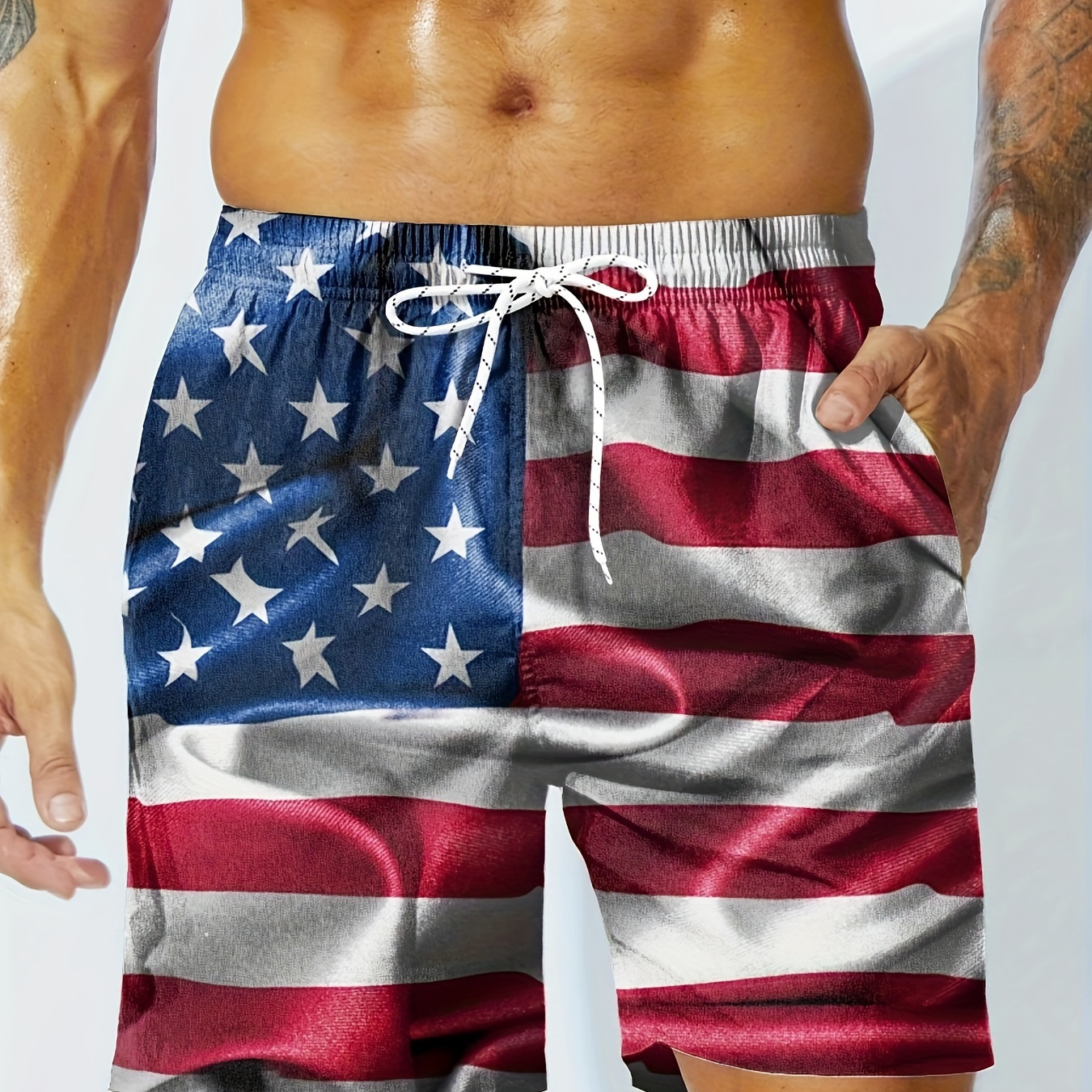 

3d Digital American Flag Pattern Men's Board Shorts With Drawstring And Pockets, Stylish And Casual Shorts For Summer Outdoors And Holiday Wear