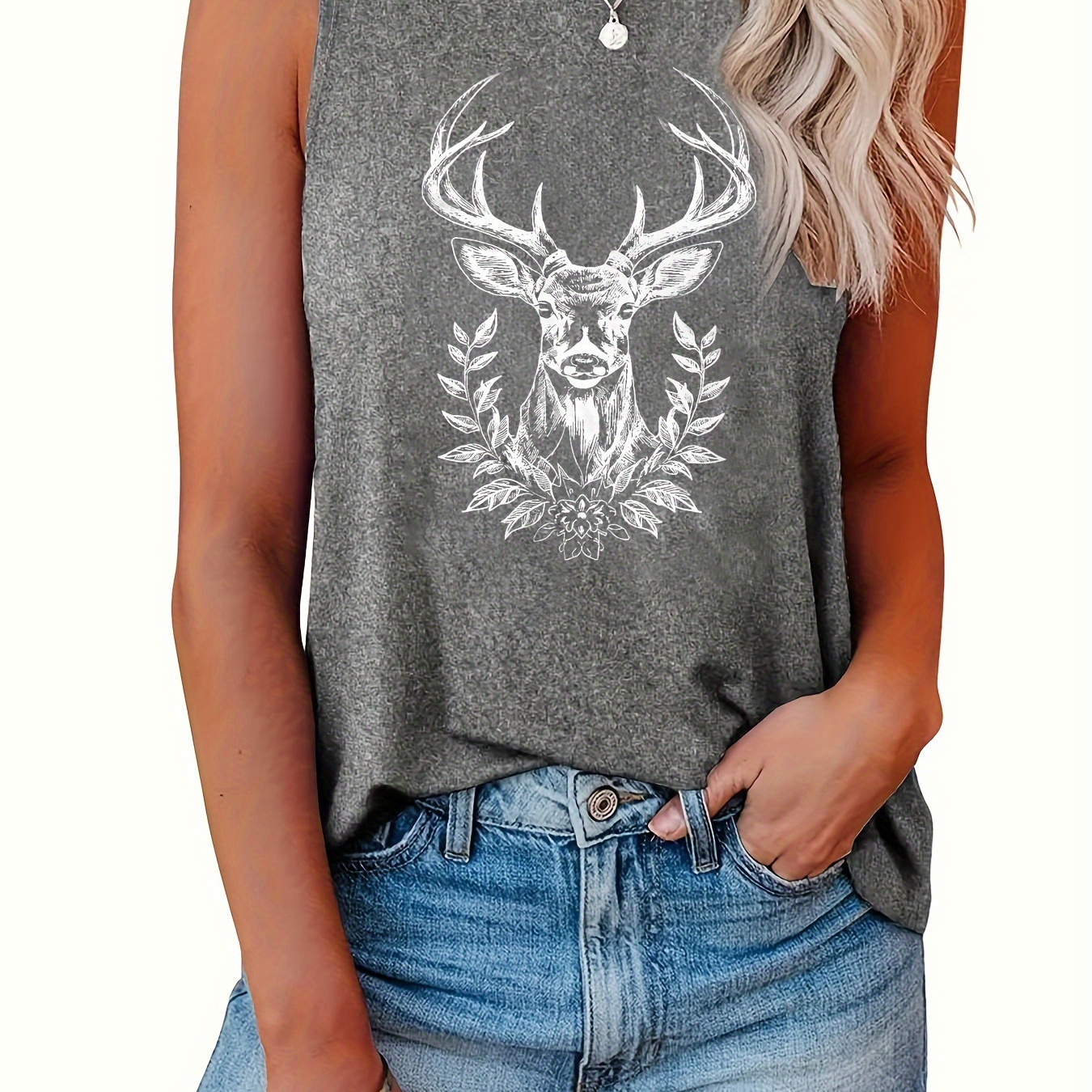 

Deer Print Crew Neck Tank Top, Casual Sleeveless Top For Summer & Spring, Women's Clothing