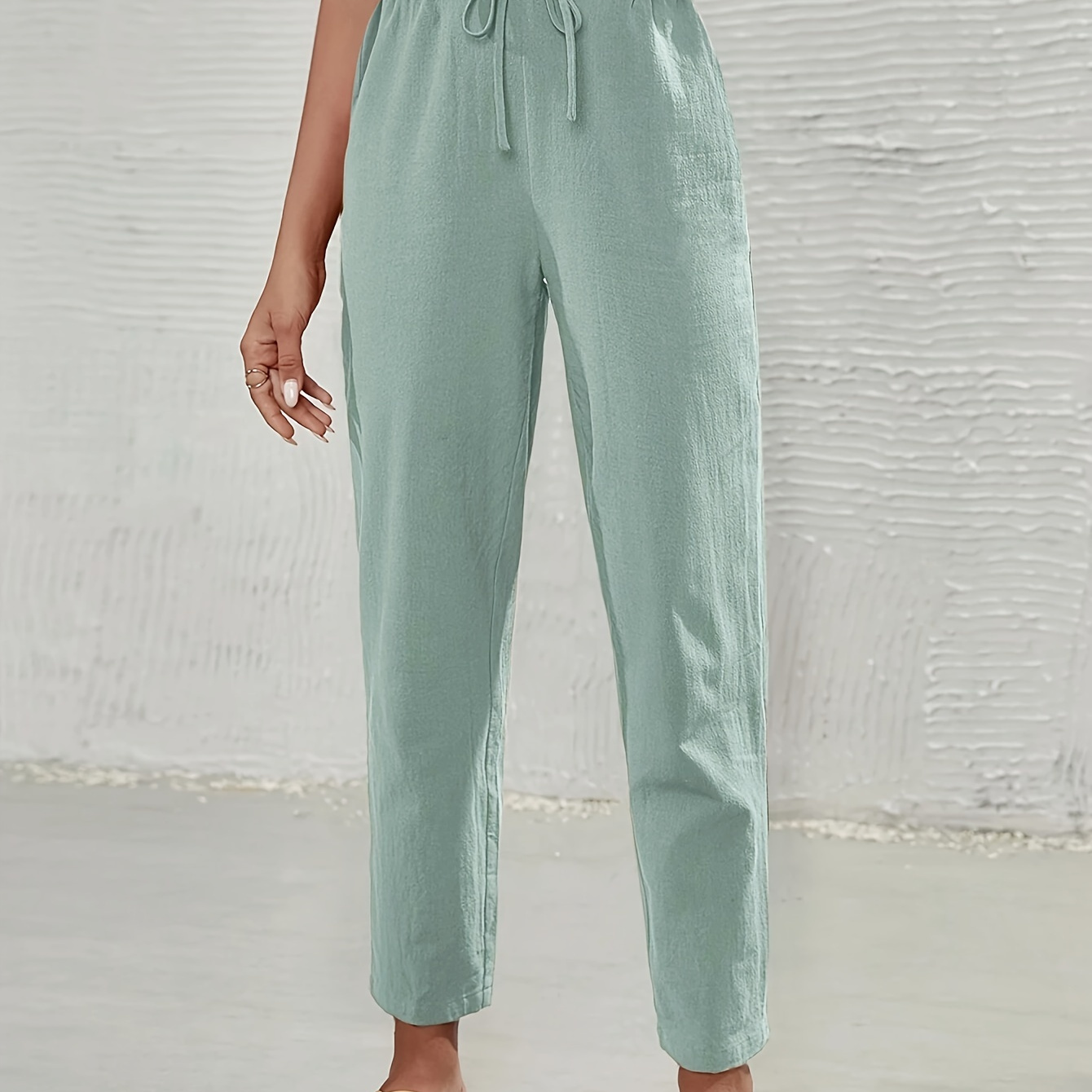 

Plain Color Drawstring Waist Straight Leg Pants, Casual & Versatile High Waist Pants For Spring & Summer, Women's Clothing