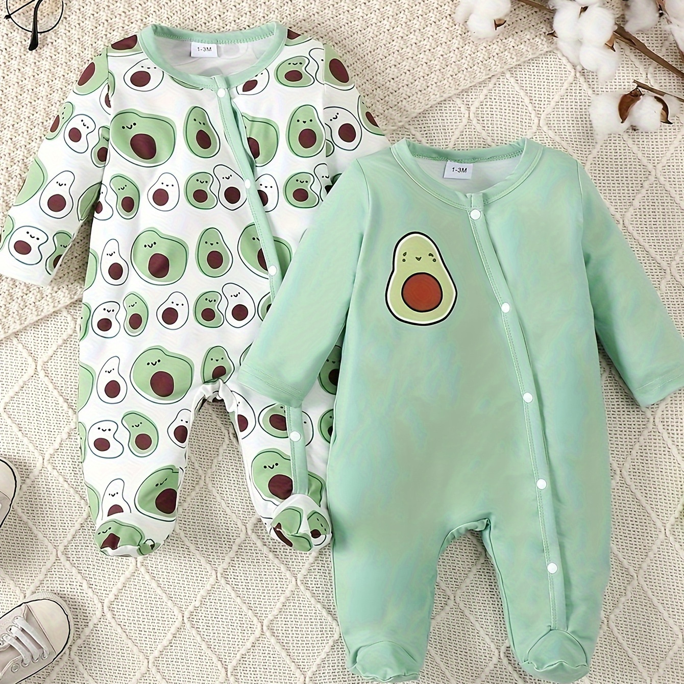 

2 Pack Infants Baby Boys Cartoon Avocado Pattern Cute Footed Romper, Long Sleeve Casual Comfortable Soft Bodysuit