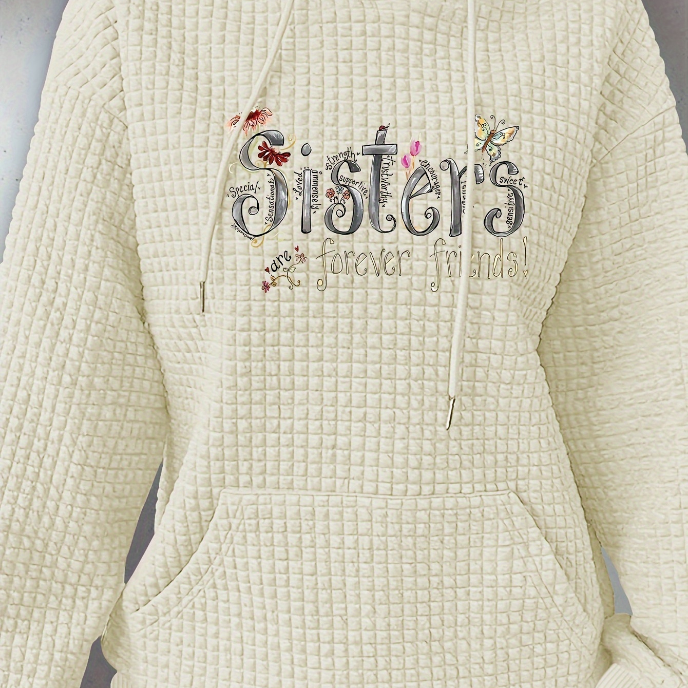 

Sisters Print Waffle Knit Hoodie, Casual Kangaroo Pocket Long Sleeve Drawstring Hoodie For Fall & Winter, Women's Clothing