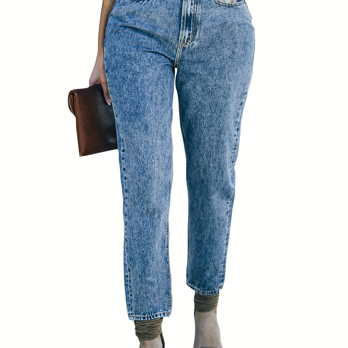 Plus Size High Rise Straight Leg Cropped Jeans, Women's Plus Medium Stretch Casual Denim Pants