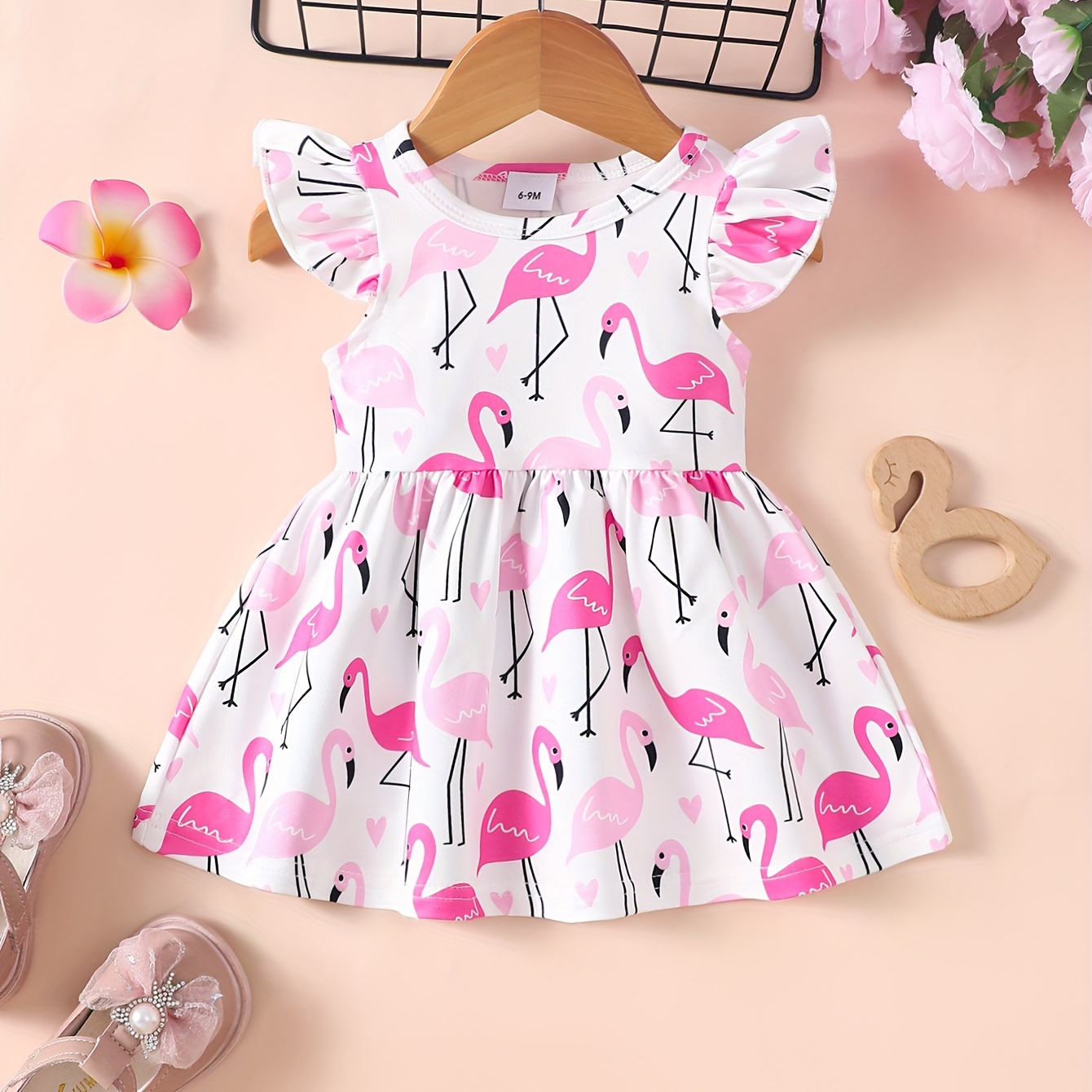 

Infant & Toddler's Cartoon Flamingo All-over Print Dress, Cute Cap Sleeve Dress, Baby Girl's Clothing For Summer