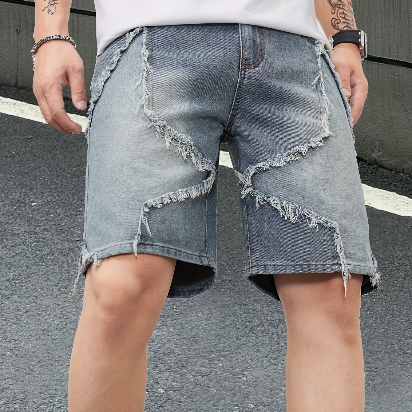 

Men's Street Style Wide Leg Denim Shorts With Star Pattern Design, Summer Trendy Leisure Jorts