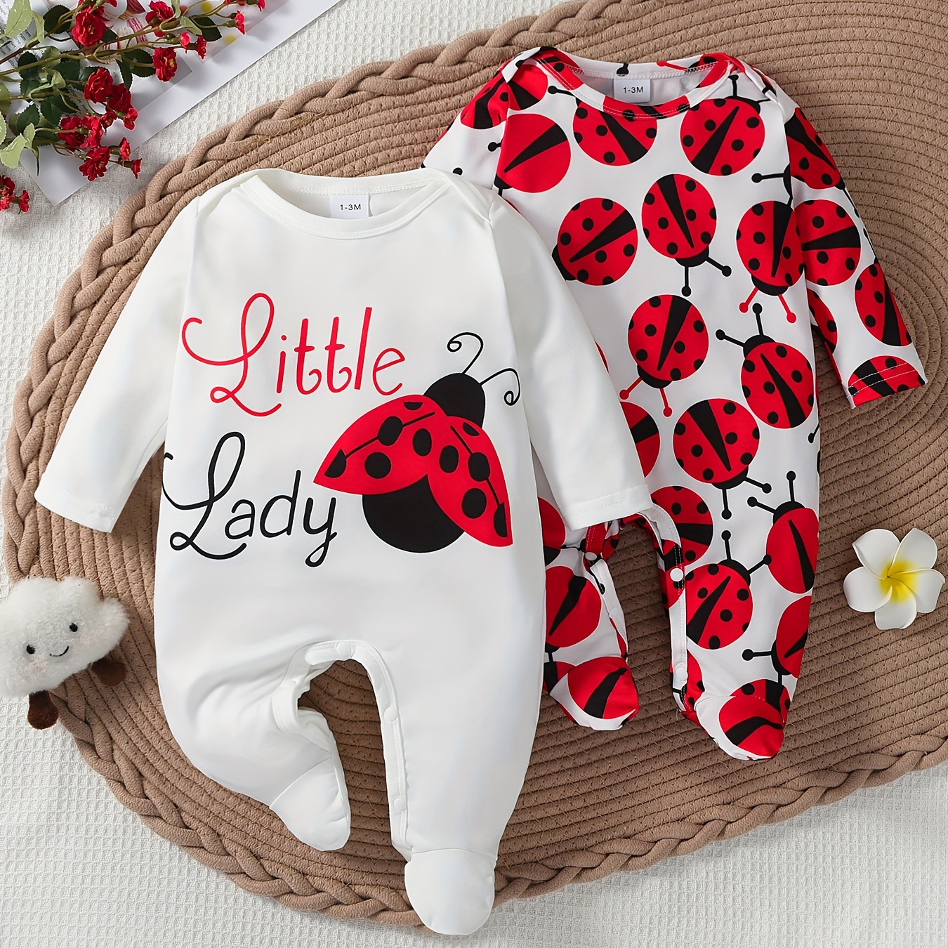 

2pcs Newborn Baby's Ladybug Print Footed Bodysuit, Casual Long Sleeve Romper, Toddler & Infant Girl's Onesie