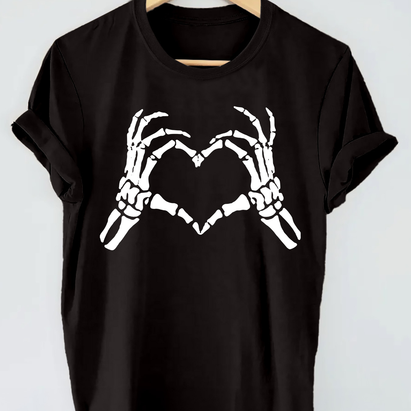 

Skeleton Finger Than Heart Print T-shirt, Short Sleeve Crew Neck Casual Top For Summer & Spring, Women's Clothing