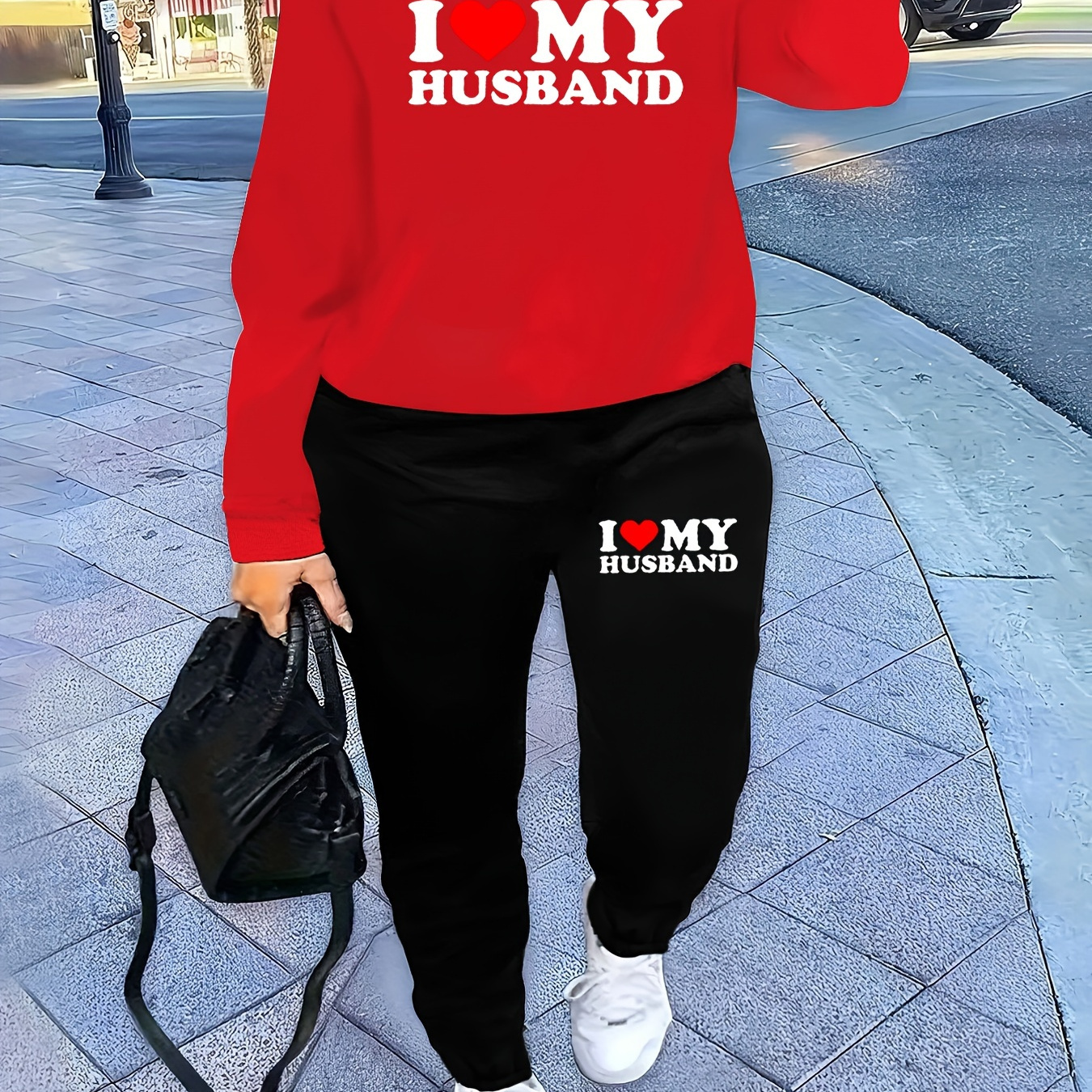 

Women's Casual Polyester Sweatshirt And Pants Set With "i Love My Husband" Print, Knit Fabric, Round Neck, Fall/