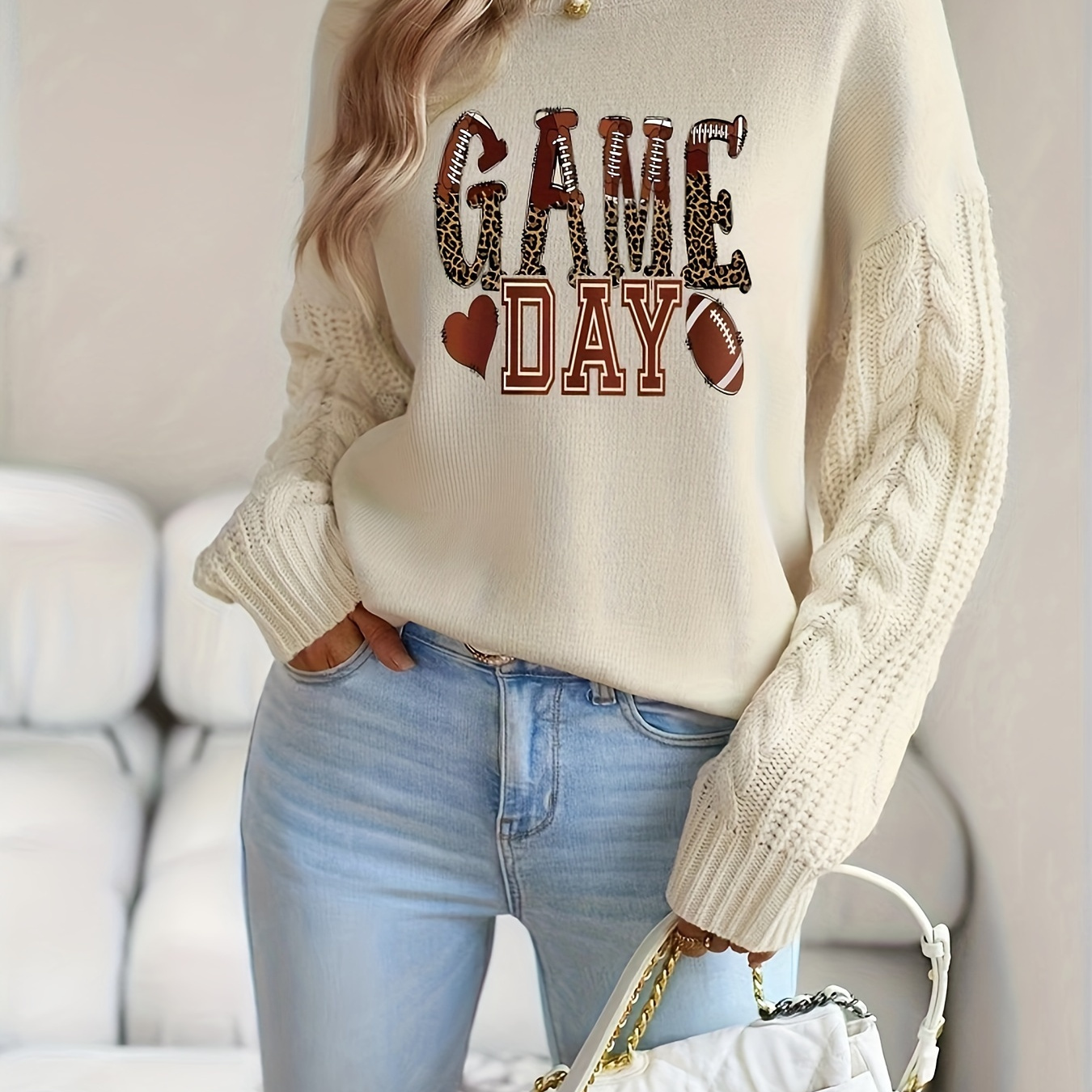 

Women's Chic Crew Neck Knit Pullover Sweater With Alphabet Print - Cotton (95% Cotton, 5% Polyester), Cozy Twist Cable Knit Design For Fall/winter