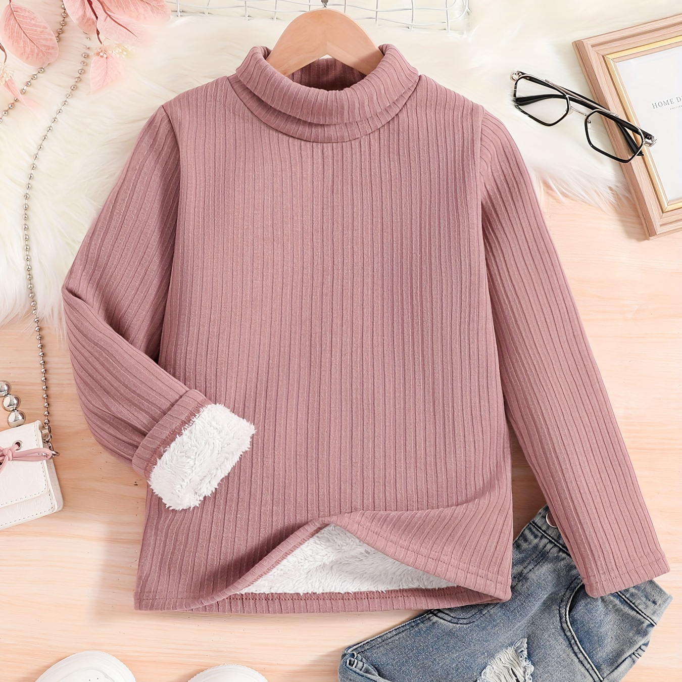 

Girls Warm Fleece Lined Turtleneck Long Sleeve T-shirt Solid Pullover For Fall Winter Gift