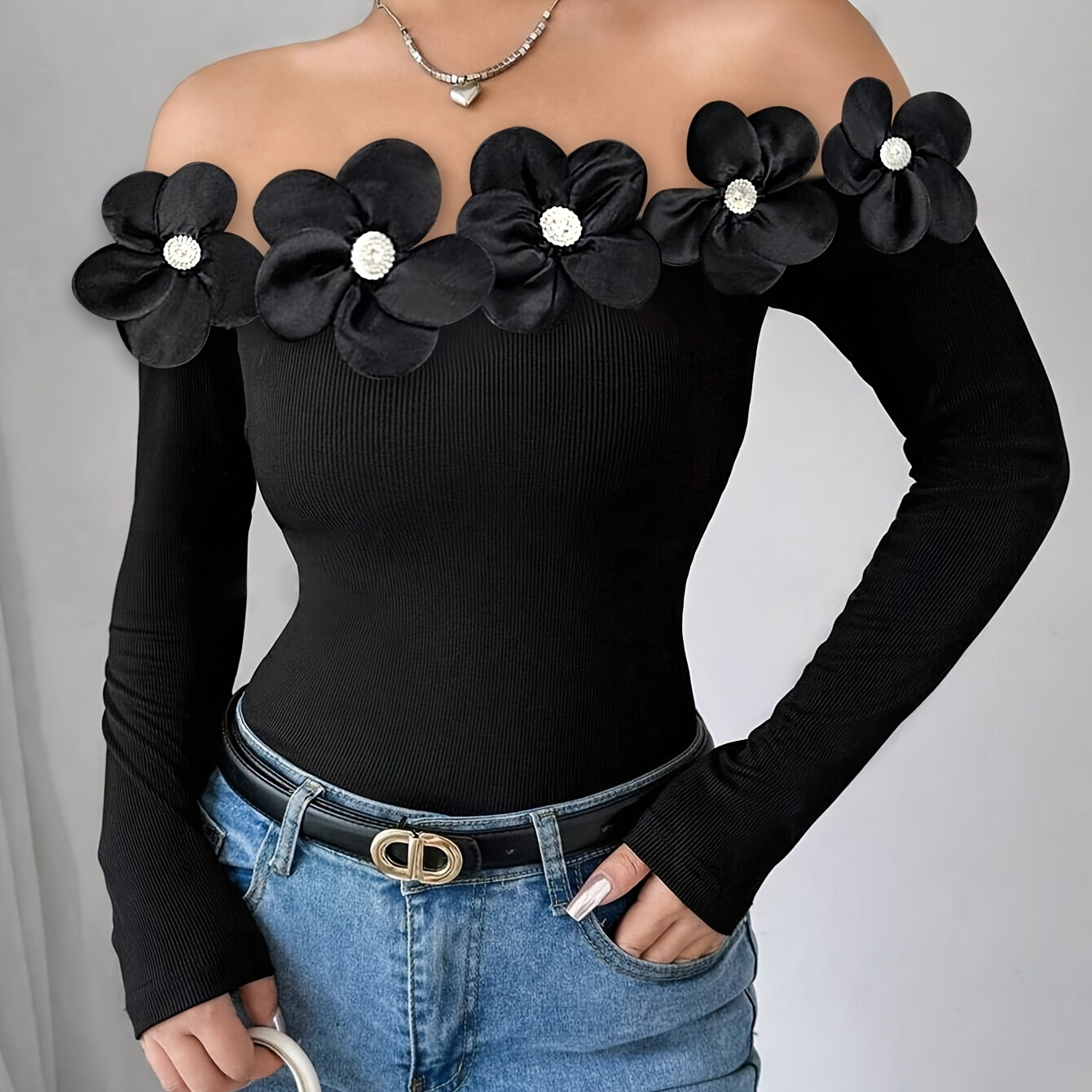 

Sexy Off-shoulder Floral Long Sleeve T-shirt, 100% Polyester Knit Fabric, Solid Color Strapless Top, Regular Length, Wear