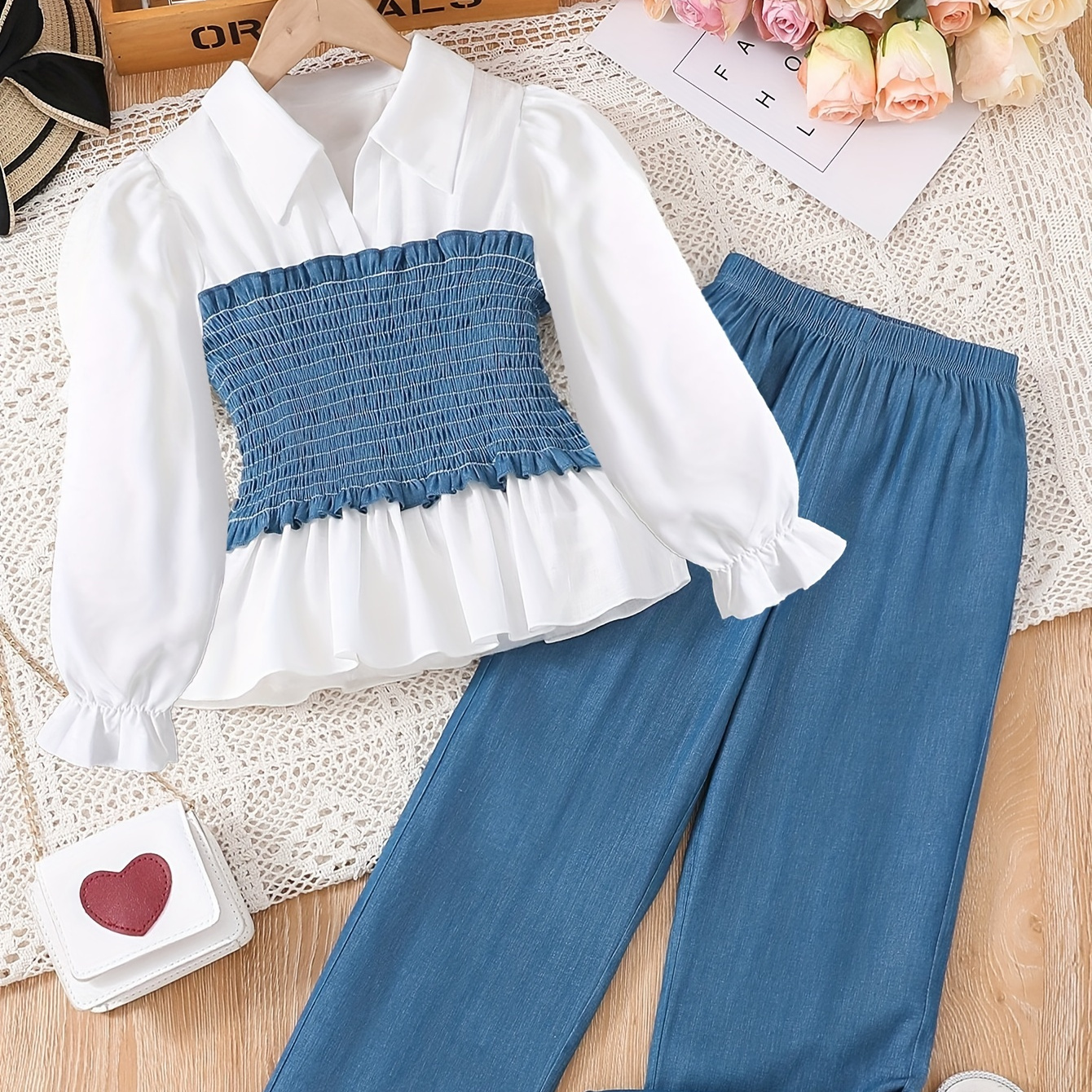 

Denim Style 2pcs/set Girls Splicing Long Sleeve Smocked Shirt Top + Imitation Denim Print Pants Co-ords Set - Cute Fashion Girl's Spring/ Fall Clothes, Gift