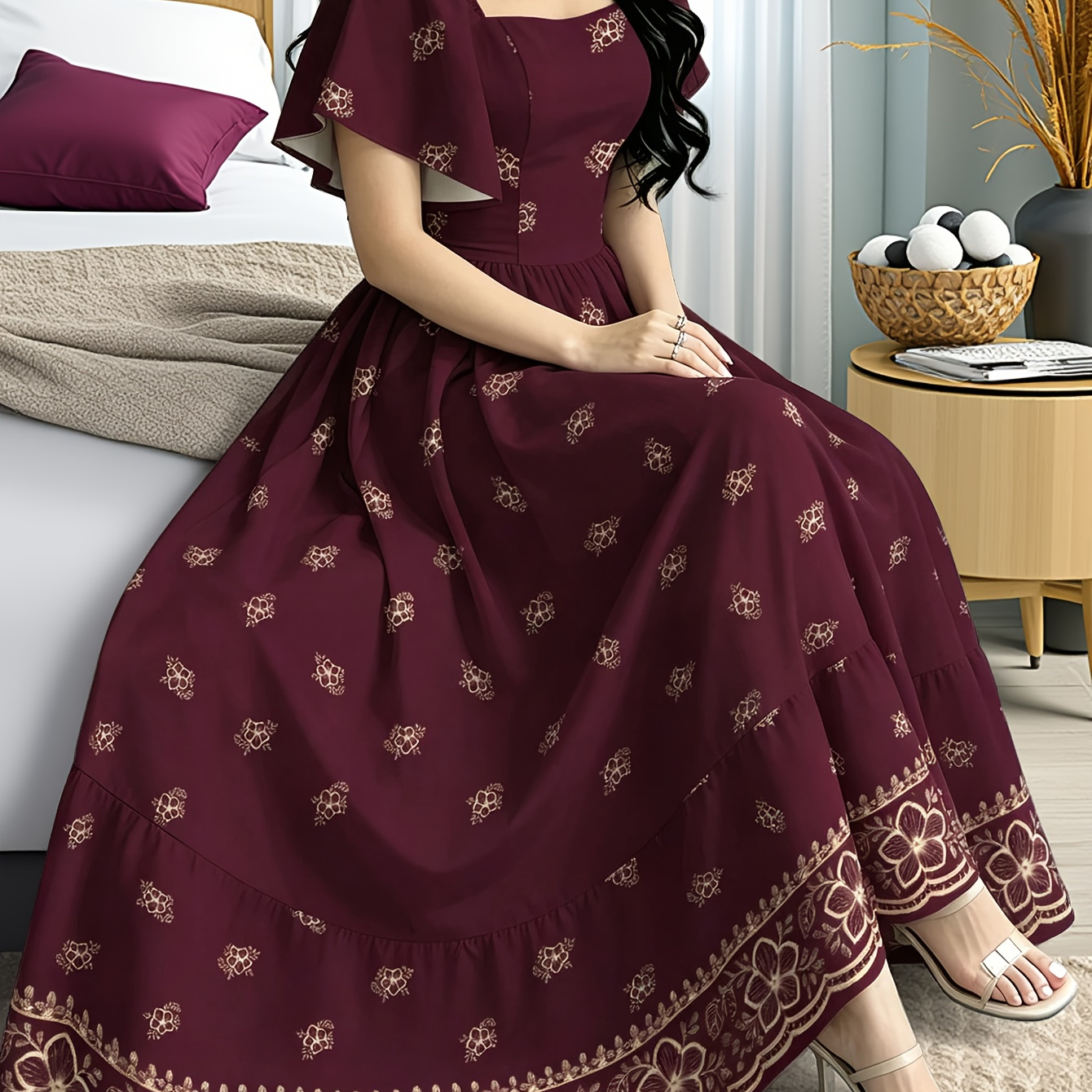 Burgundy Ethnic Print Maxi Dress