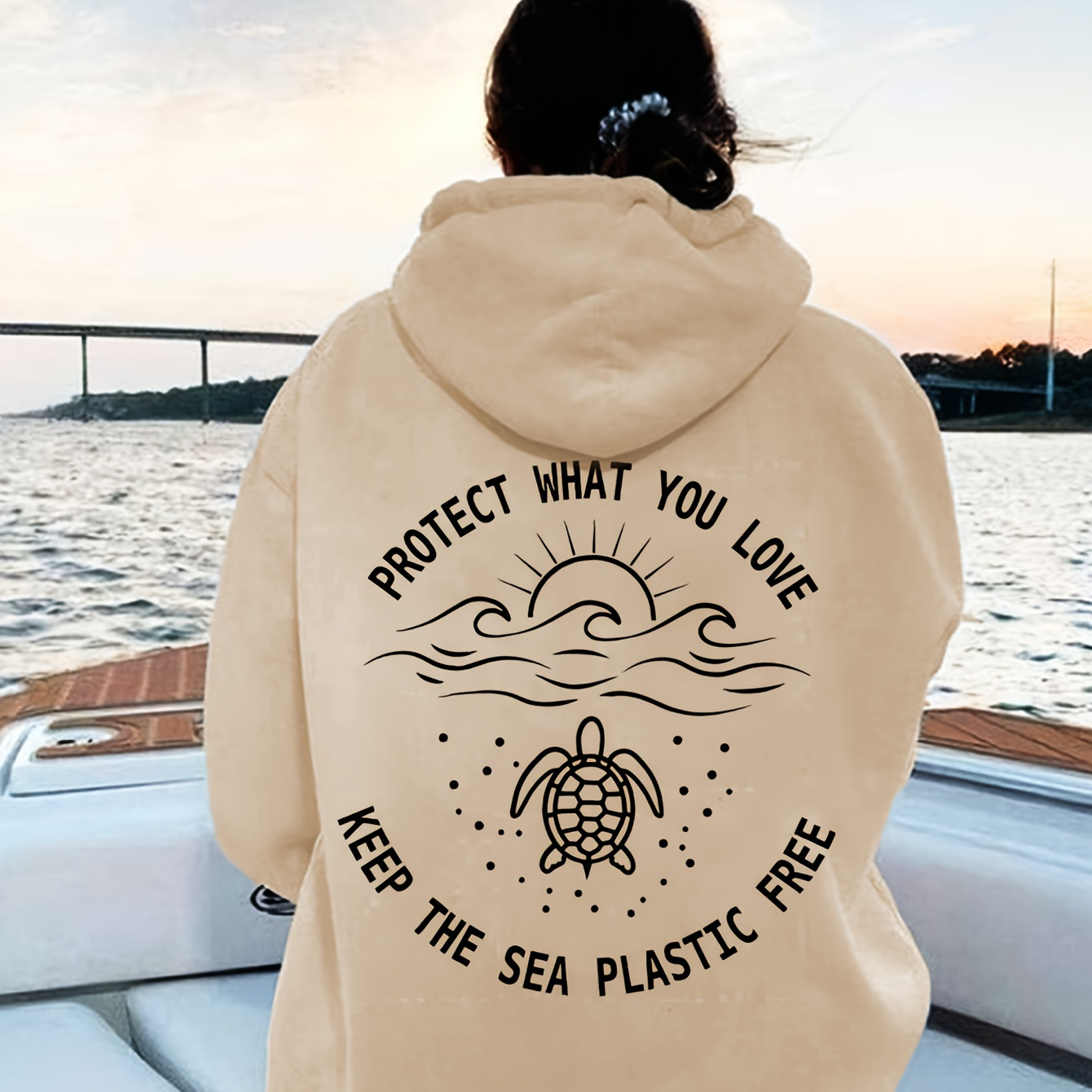 

Unisex Hooded Sweatshirt With Ocean Conservation Graphic Print, Casual Polyester Knit Fabric, , Protect What You Love, Keep The Sea Plastic