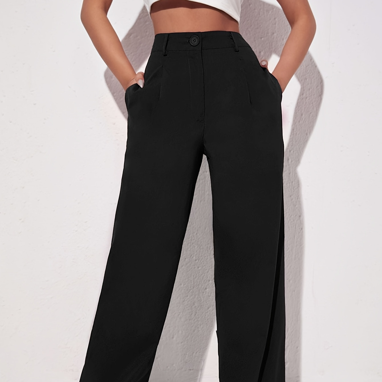 

Pantalon Décontracté à Taille Haute et Jambe Droite pour Femme - Noir Uni, Polyester, Lavable en Machine, Coupe Confortable pour Tenue Décontractée, Pantalon