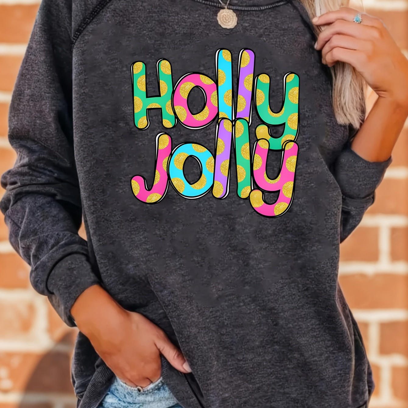 

Women's Casual Crew Neck Sweatshirt With Colorful "holly Jolly" Lettering Print, Polyester Spandex Blend, Comfortable Slight Stretch, Raglan Long Sleeves, Regular Fit Knit Pullover For All Seasons