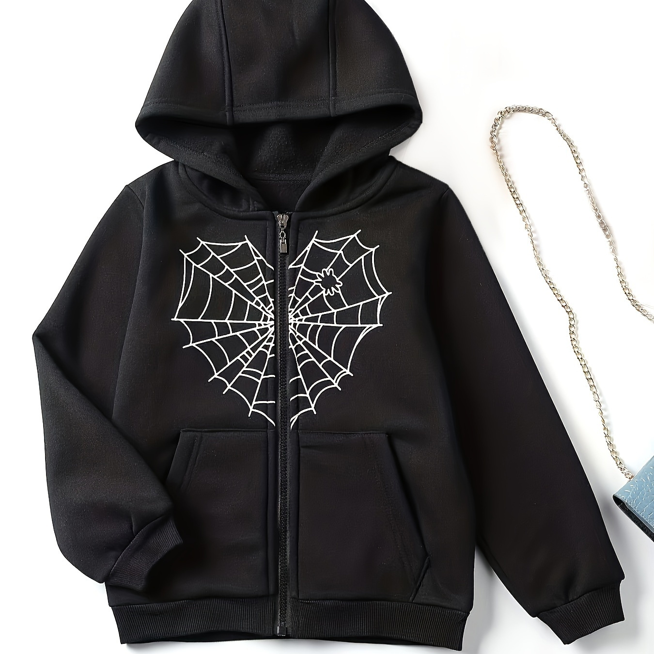 

Teen Kids Heart-shaped Spider Web Trendy Hoodie, Zipper Pocket Hooded Sweatshirt For Boys/ Girls