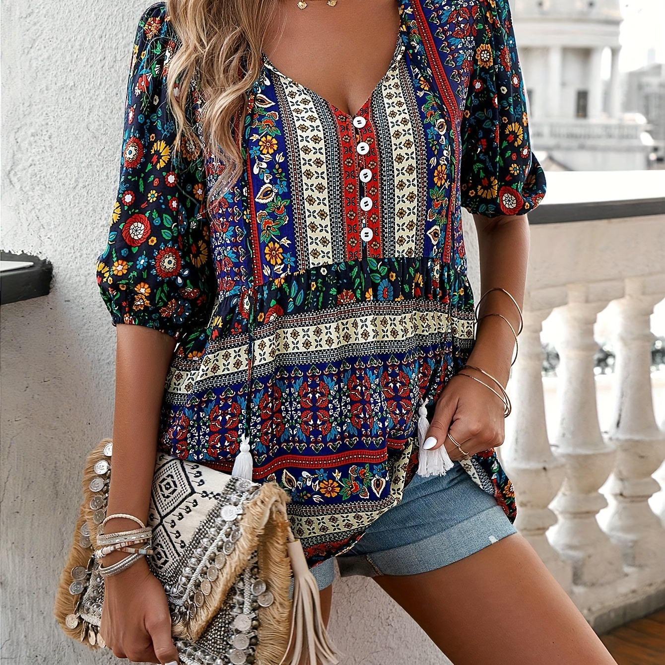 

Ethnic Floral Print V Neck Blouse, Elegant Half Sleeve Top For Vacation, Women's Clothing