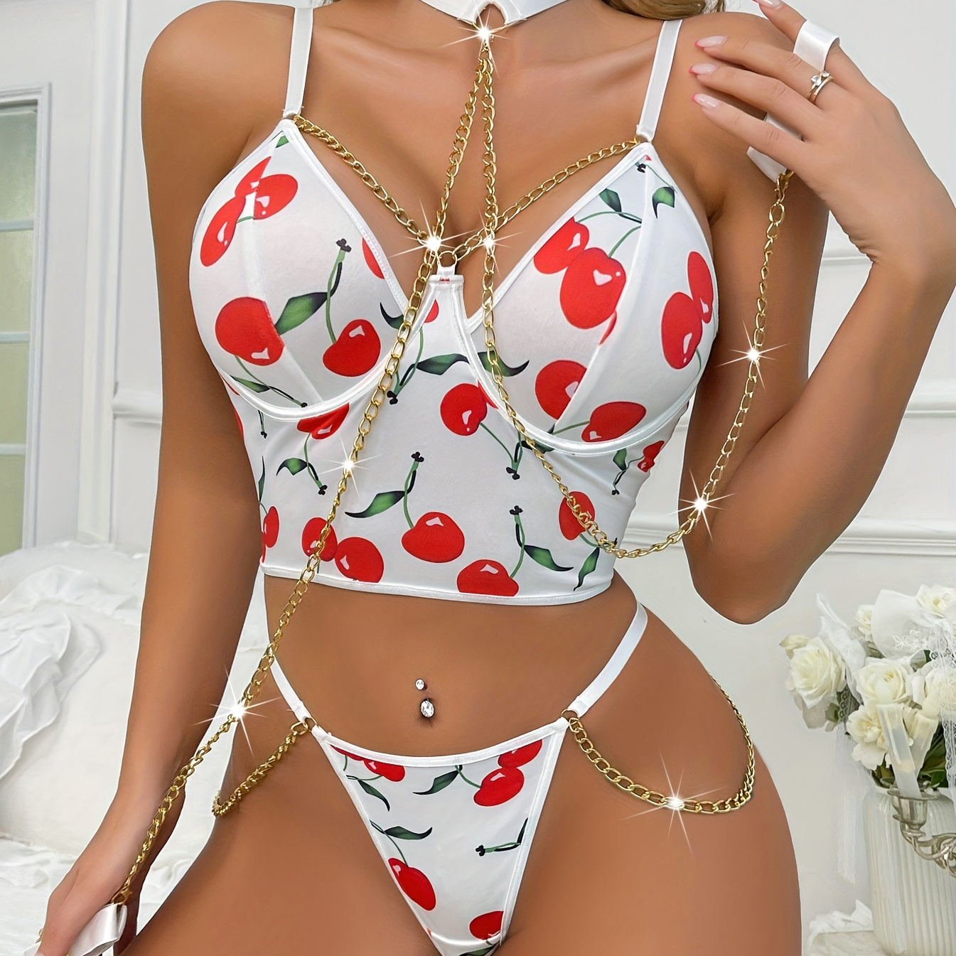 Strawberry Print Lingerie Set, Intimates Bra & Thong, Women's Sexy Lingerie  & Underwear