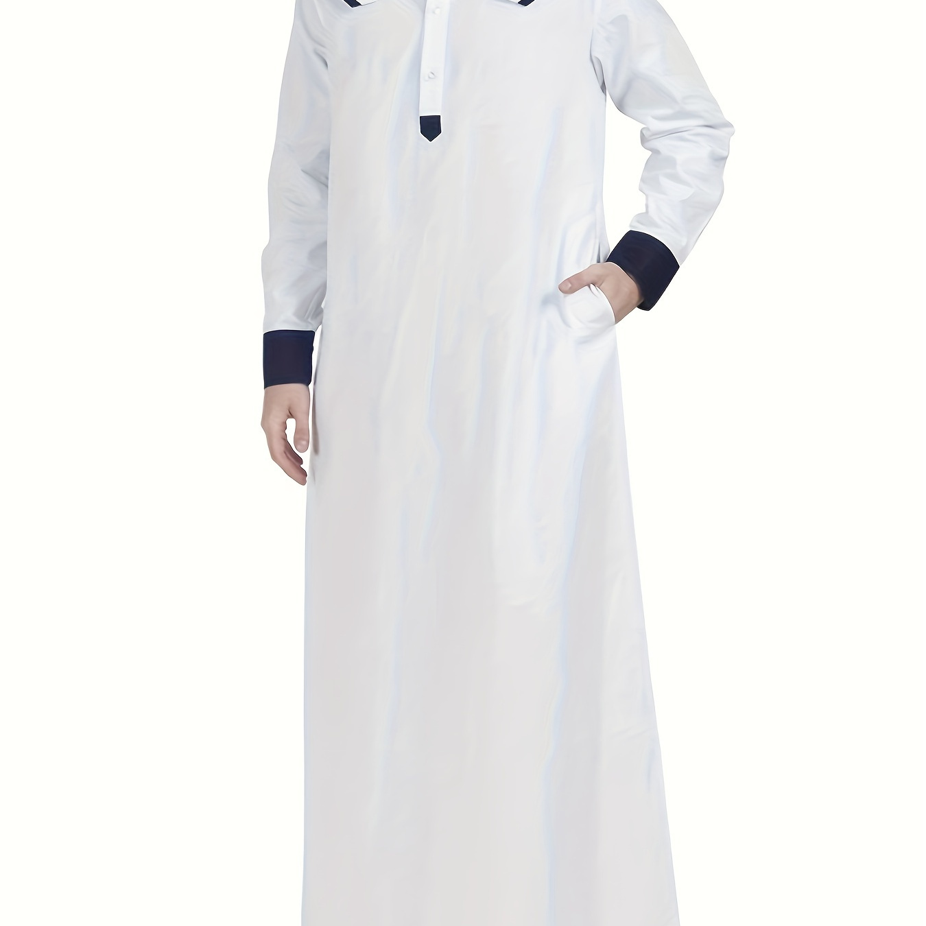 

Muslim Men's Color Block Thobe, Long Sleeve Robes Button Up With Side Pockets And Stand Collar, Islamic Arabic Kaftan Men Abaya