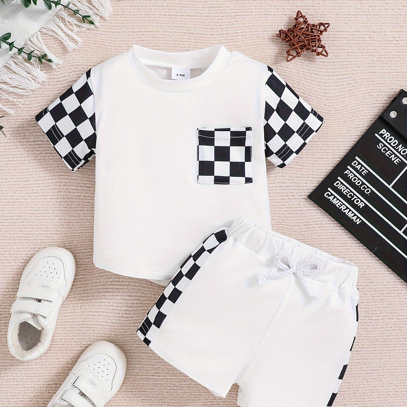 

2pcs Baby's Checkerboard Pattern Stitching Summer Set, T-shirt & Shorts, Baby Boy's Clothing, As Gift