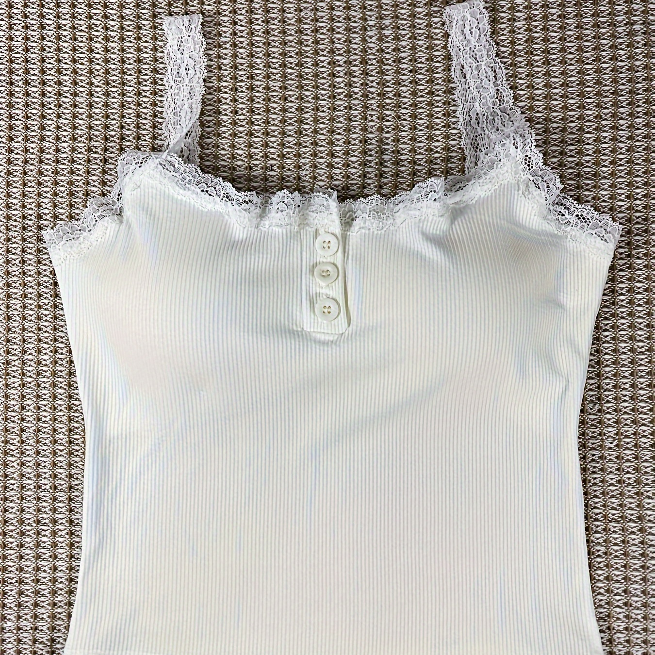 

Cute Solid Lace Trim Henley Cami Top, All-match Padded Top, Women's Lingerie & Underwear