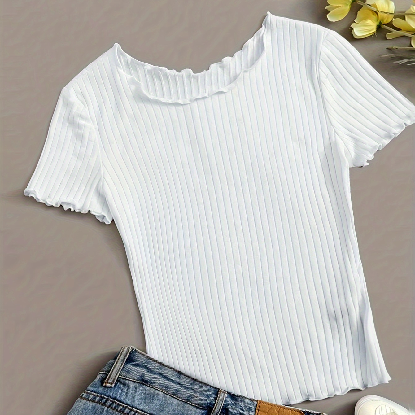 

Rib-knit Lettuce Trim T-shirt, Elegant Short Sleeve Top For Spring & Summer, Women's Clothing
