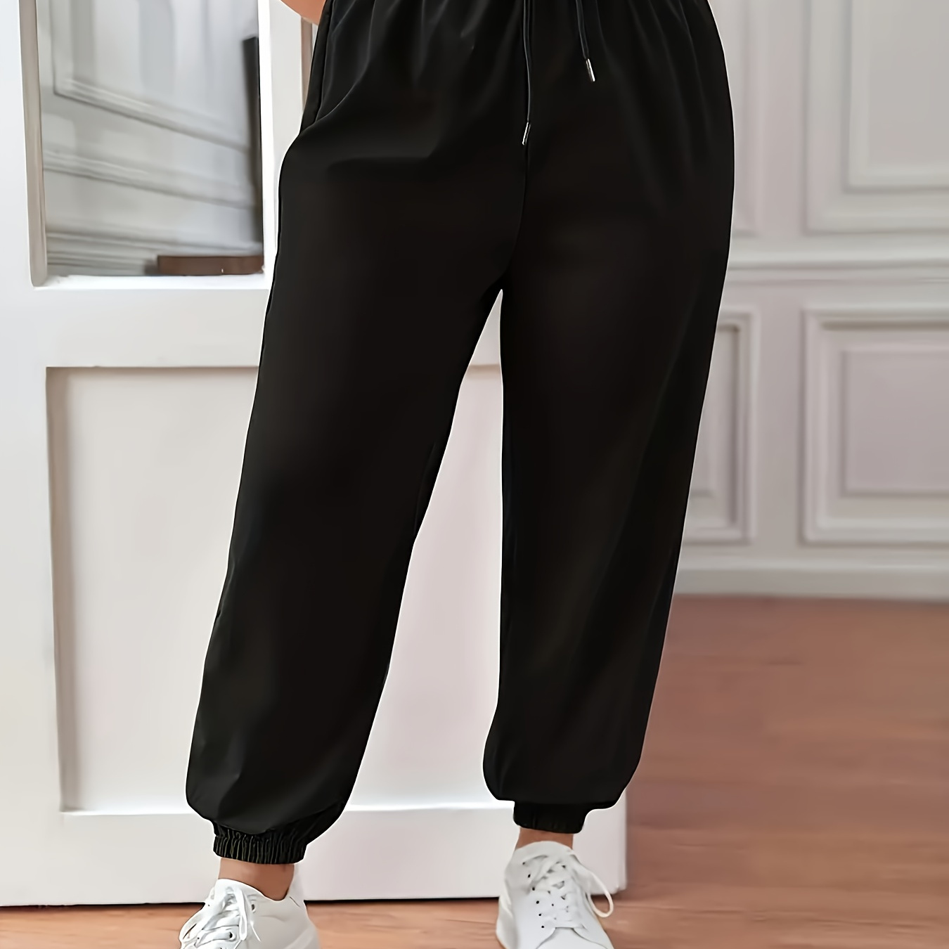 

Plus Size Solid Fitted Bottom Joggers, Casual Sporty Drawstring Pants For Spring & Summer, Women's Plus Size Clothing