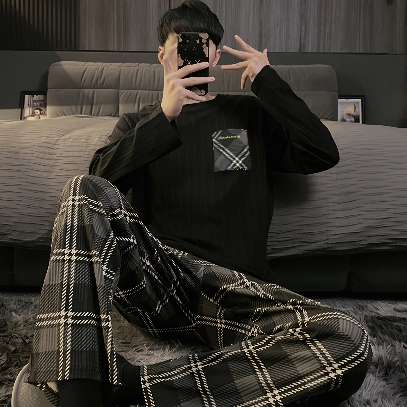 

2 Men' Round Long Sleeve Top & Trousers Set, & - Pajamas For Loungewear
