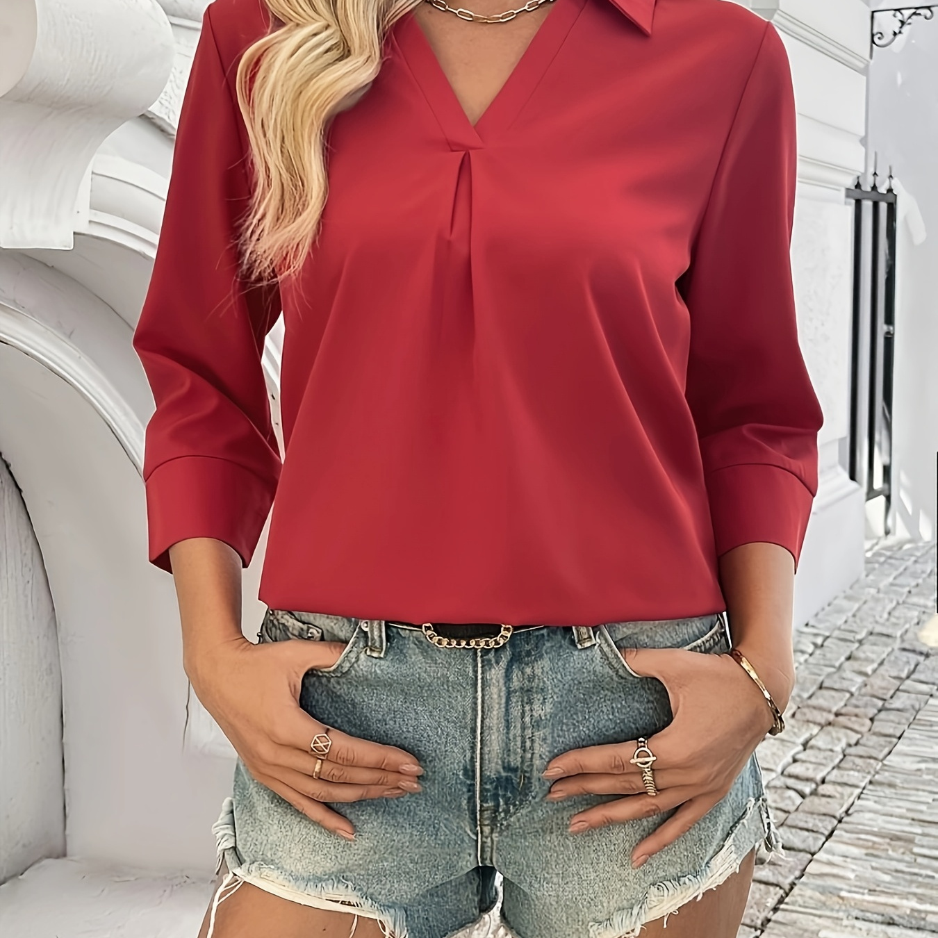 

Elegant Solid Color V-neck Blouse For Women, Polyester , Woven, Quarter Length Sleeves, For Spring/fall