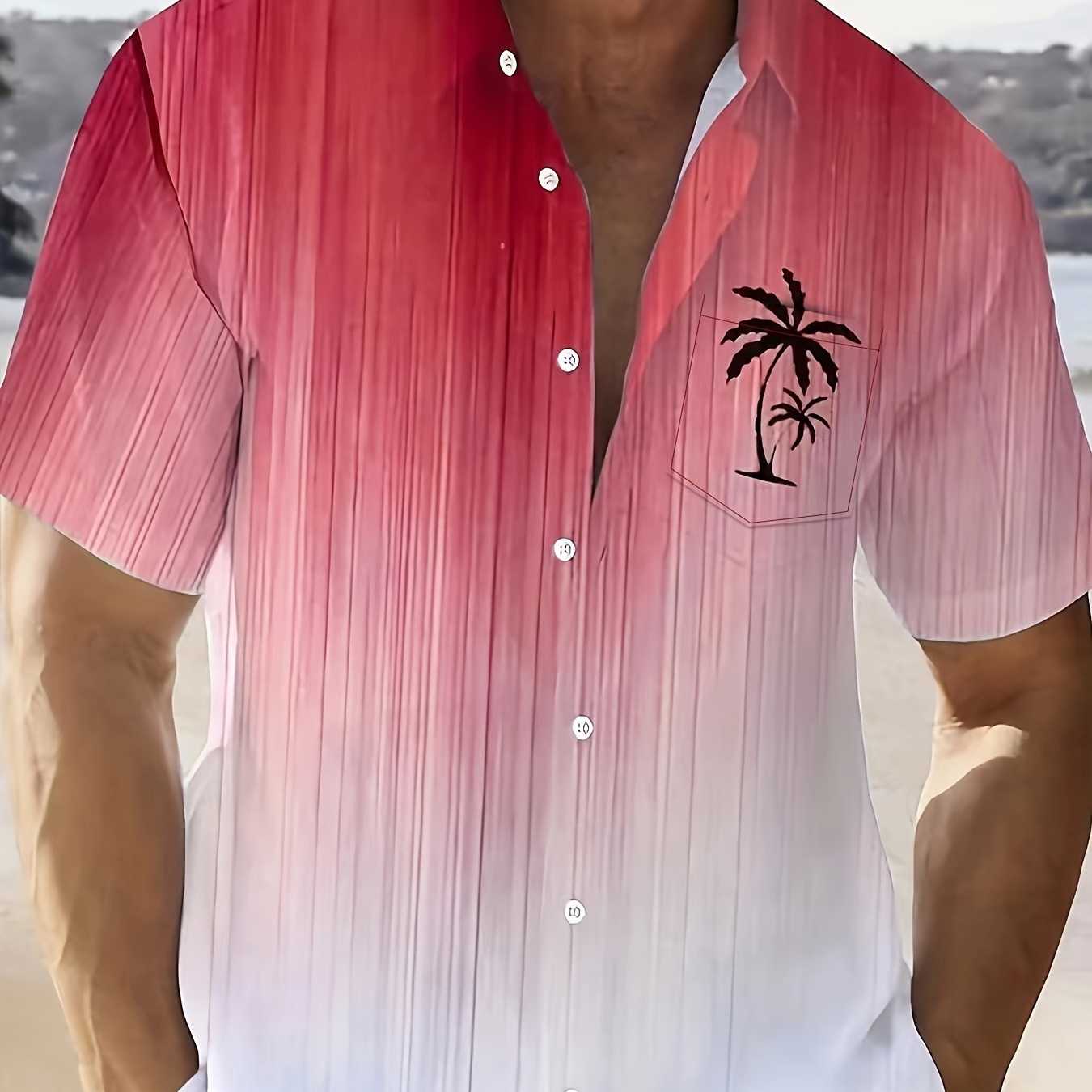 

Men's Summer Hawaiian Shirt - Tree Gradient, Casual V-neck Short Sleeve Button-up With Chest Pocket, Lightweight Polyester , Beach & Resort Wear, Plus Size