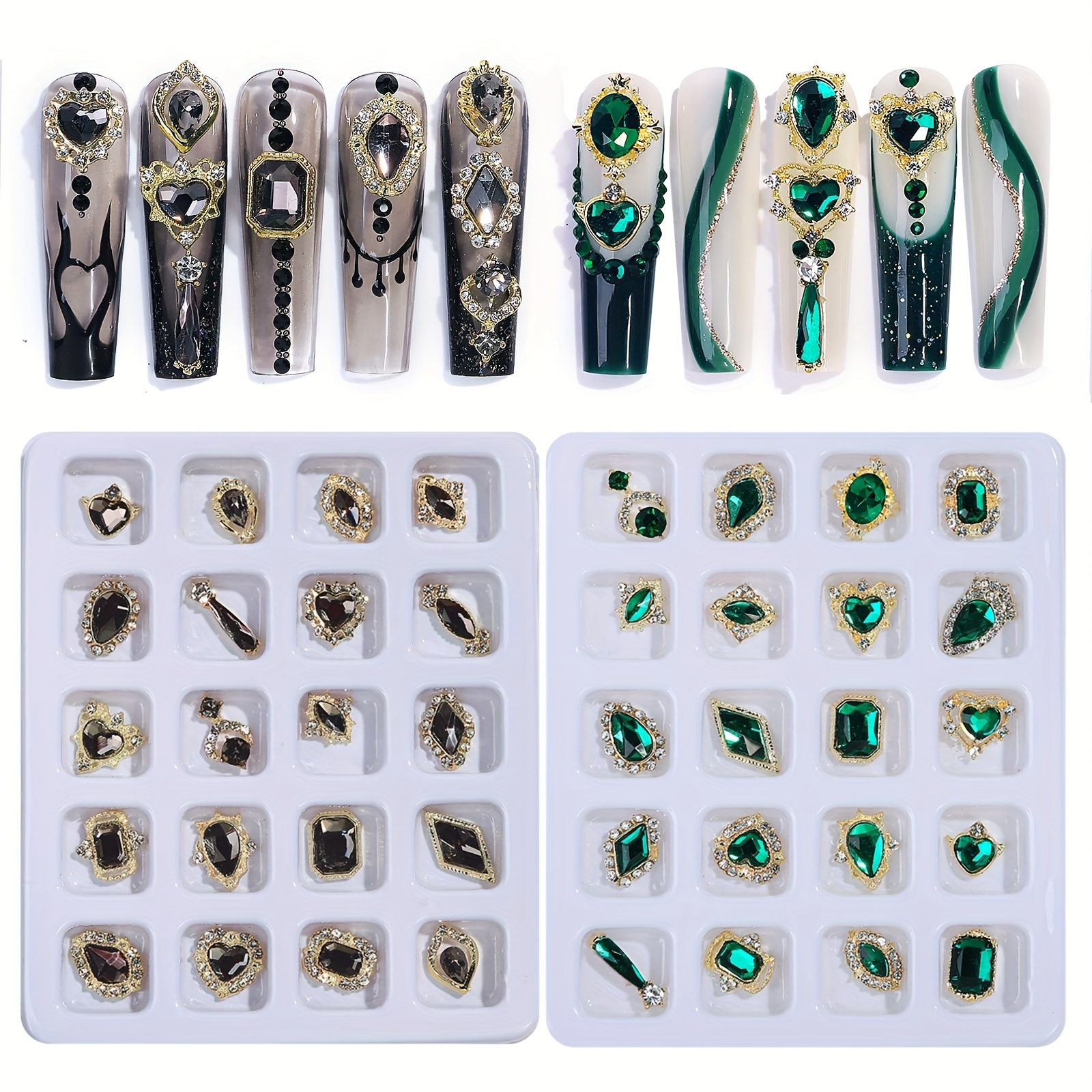 Nail Art Rhinestones Crystal Glass Faux Gems Stones 3D Alloy Heart Nail Decoration Mixed Charms Nail Faux Diamonds DIY For Nail Supplies