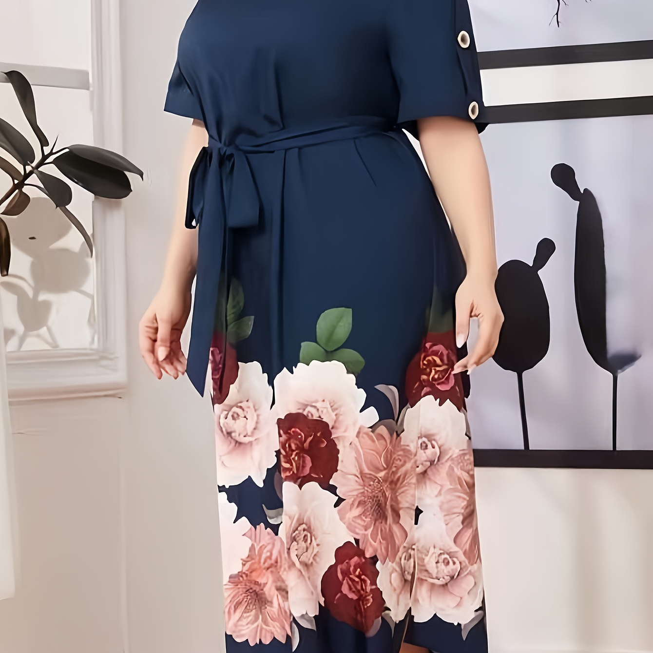 

Robe À Taille Plus Avec Imprimé Floral, Élégante Robe À Manches Courtes Avec Ceinture À Nouer Et Boutons Décoratifs Pour Le Printemps Et L'été, Vêtements Grande Taille Pour Femmes