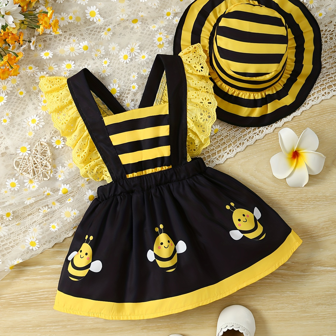 

Baby's Cute Print Lovely Dress & Stripe Pattern Hat, Ruffle Decor Sleeveless Dress, Infant & Toddler Girl's Clothing For Summer/spring, As Gift