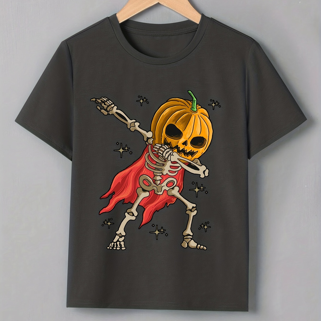 

Halloween Pumpkin Skeleton Print T Shirt, Tees For Kids Boys, Casual Short Sleeve T-shirt For Summer Spring Fall, Tops As Gifts
