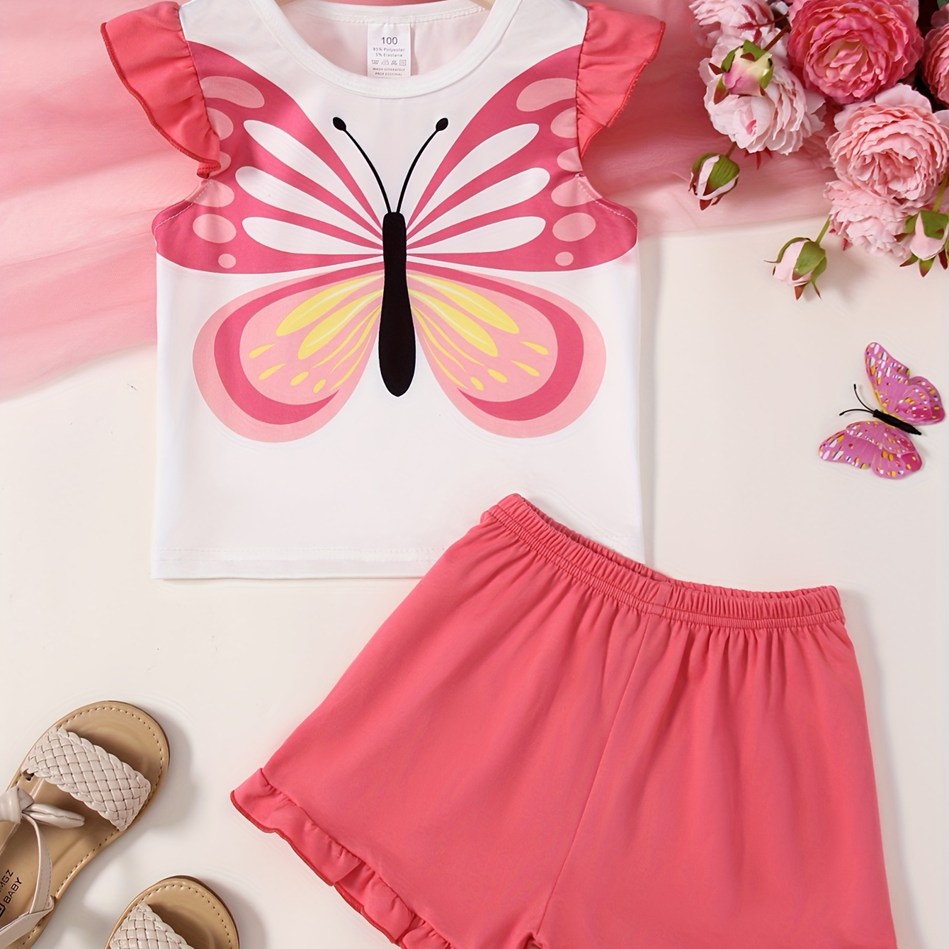 

2pcs, Cute Butterfly Print Frill-sleeve Top + Shorts Girl's Summer Set - Perfect For Casual Outings, Gift Idea