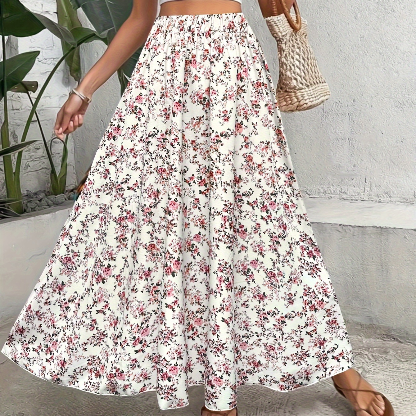 

Plus Size Floral Print Skirt, Elegant Elastic Waist Skirt For Spring & Summer, Women's Plus Size clothing