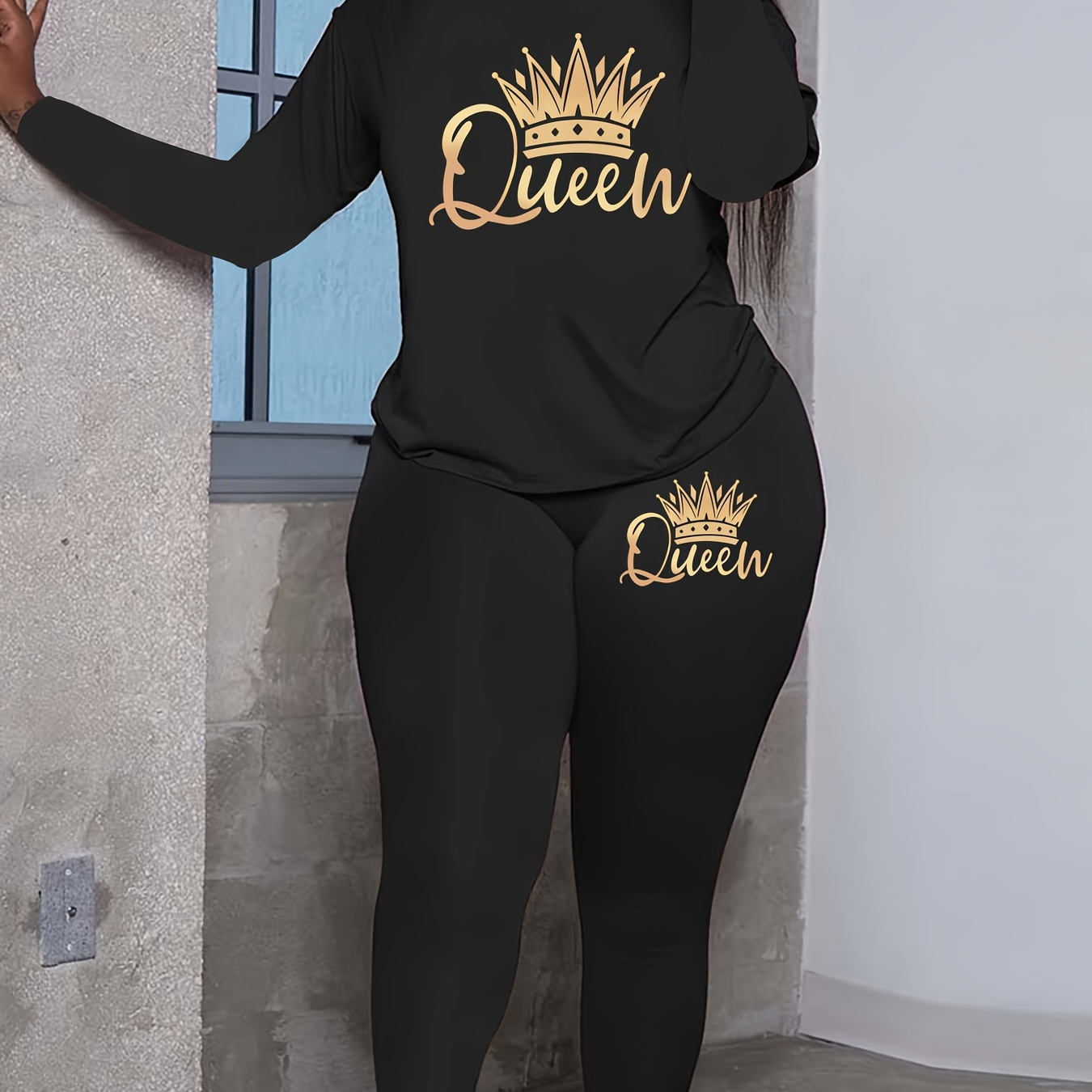 

Plus Size Queen Letter Print Two-piece Set, Crew Neck Long Sleeve Top & Pants Outfits, Women's Plus Size clothing