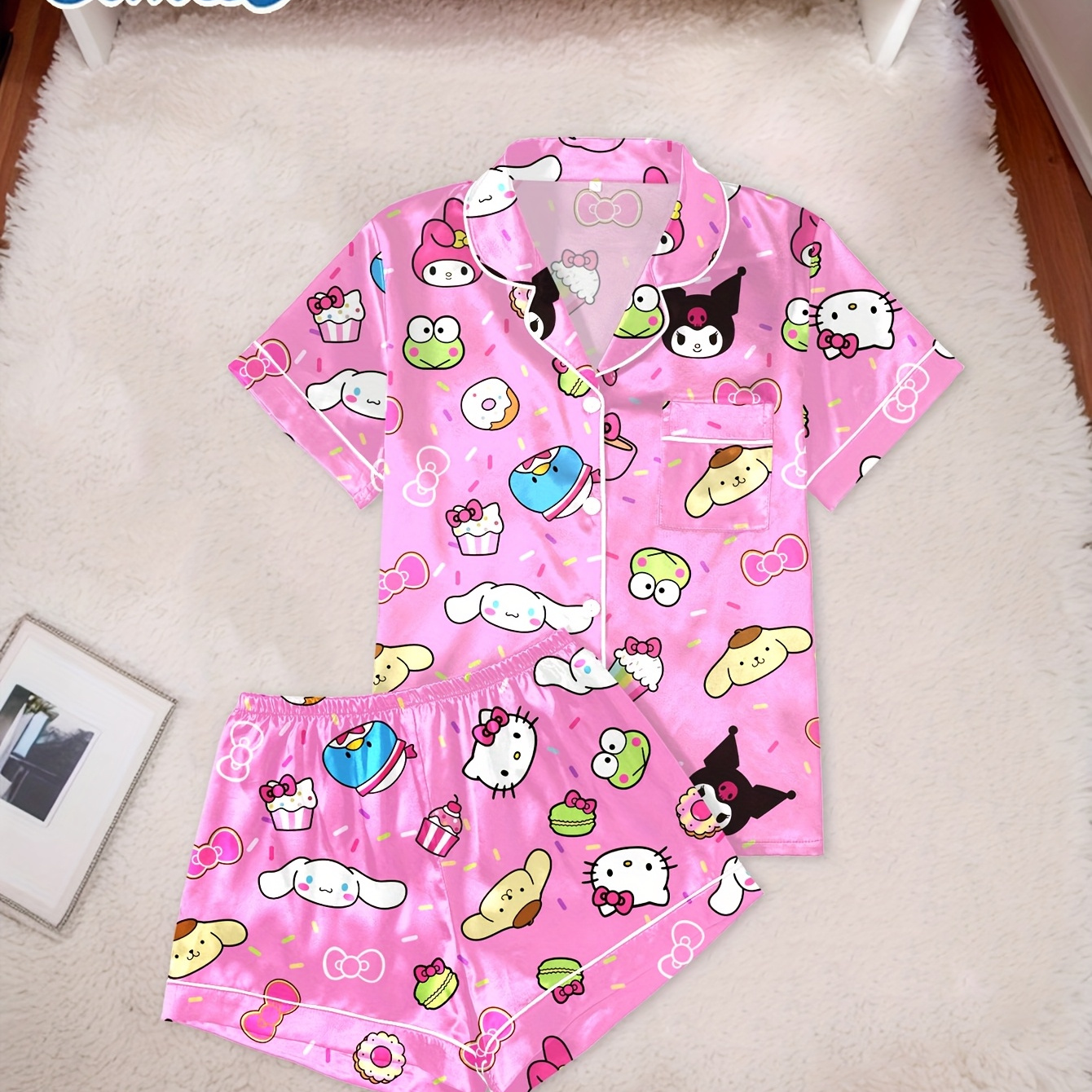 

Sanrio Hello Kitty Satin Pajama Set, Short Sleeve Open Front Button, Polyester 97% Elastane 3%, Lapel Collar, Patterned Print, Woven Fabric, 90gsm - Adult Sleepwear