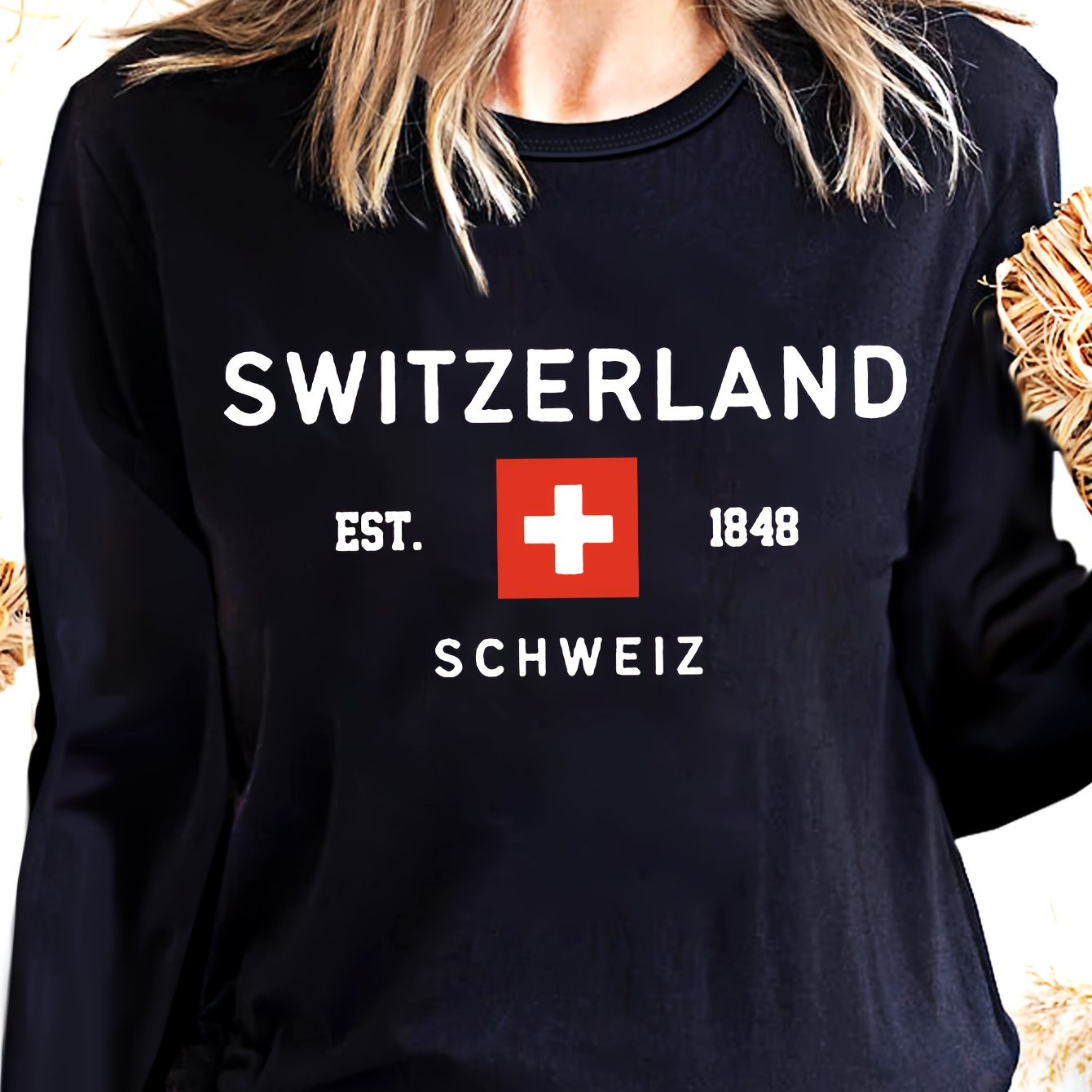 

Switzerland Print T-shirt, Long Sleeve Crew Neck Casual Top For Spring & Fall, Women's Clothing