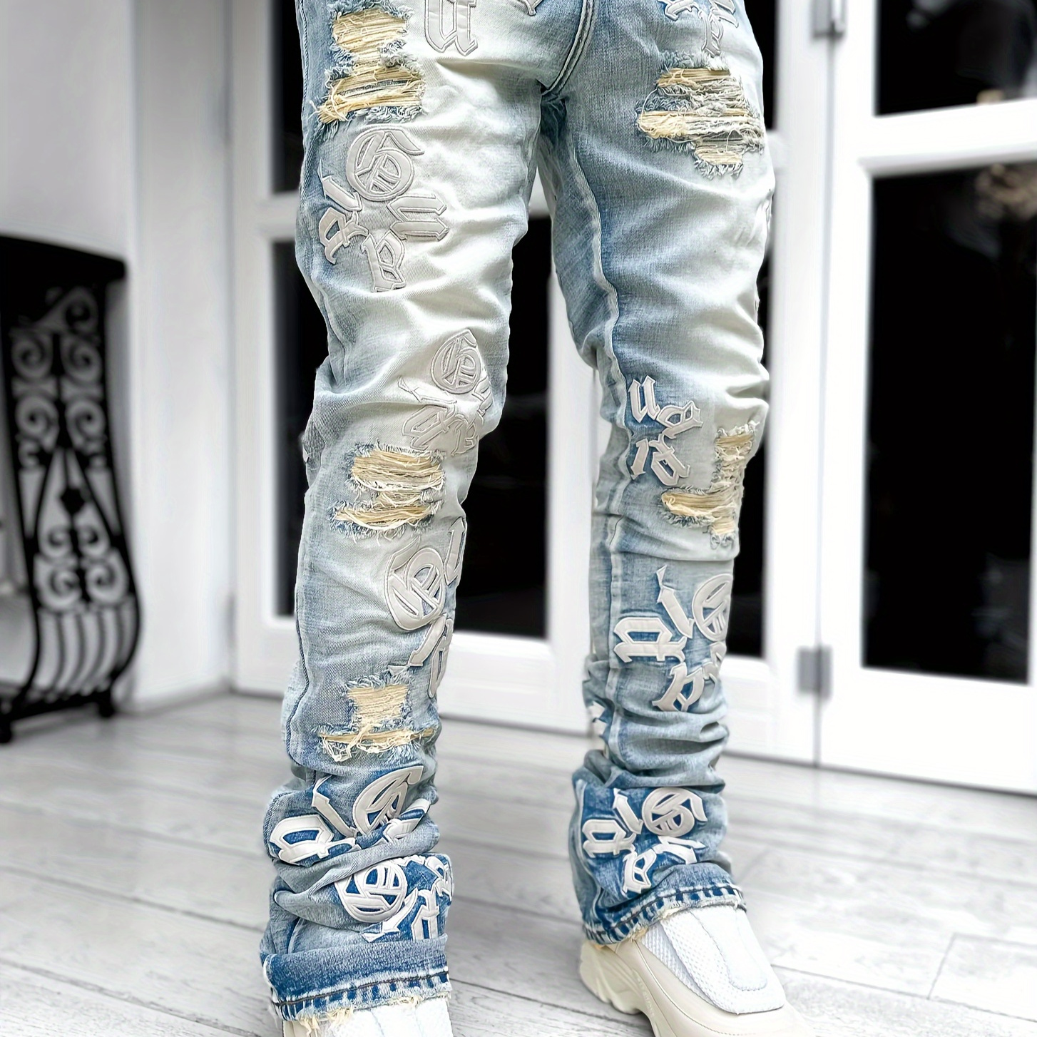 

Men's Casual Letter Patchwork Skinny Jeans, Vintage Style Ripped Denim Pants