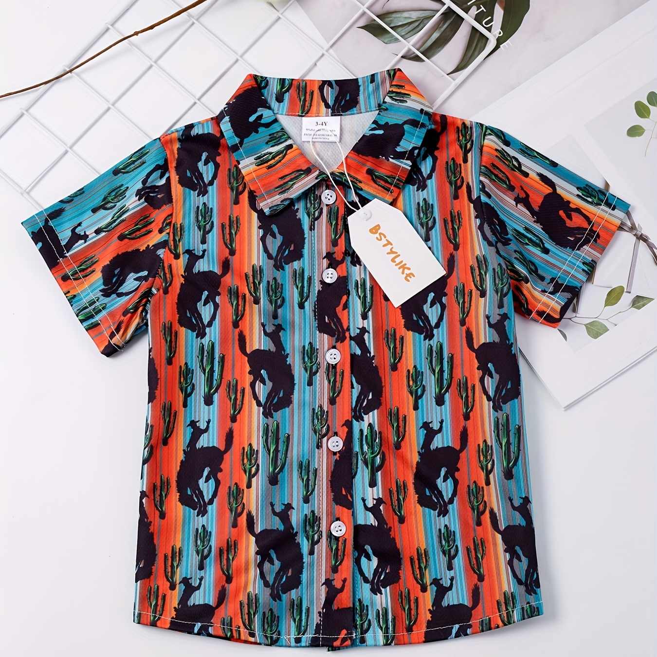 

Boys Bull And Cactus Striped Short Sleeves Button Down Shirt Tops Casual For Summer Kids Clothes