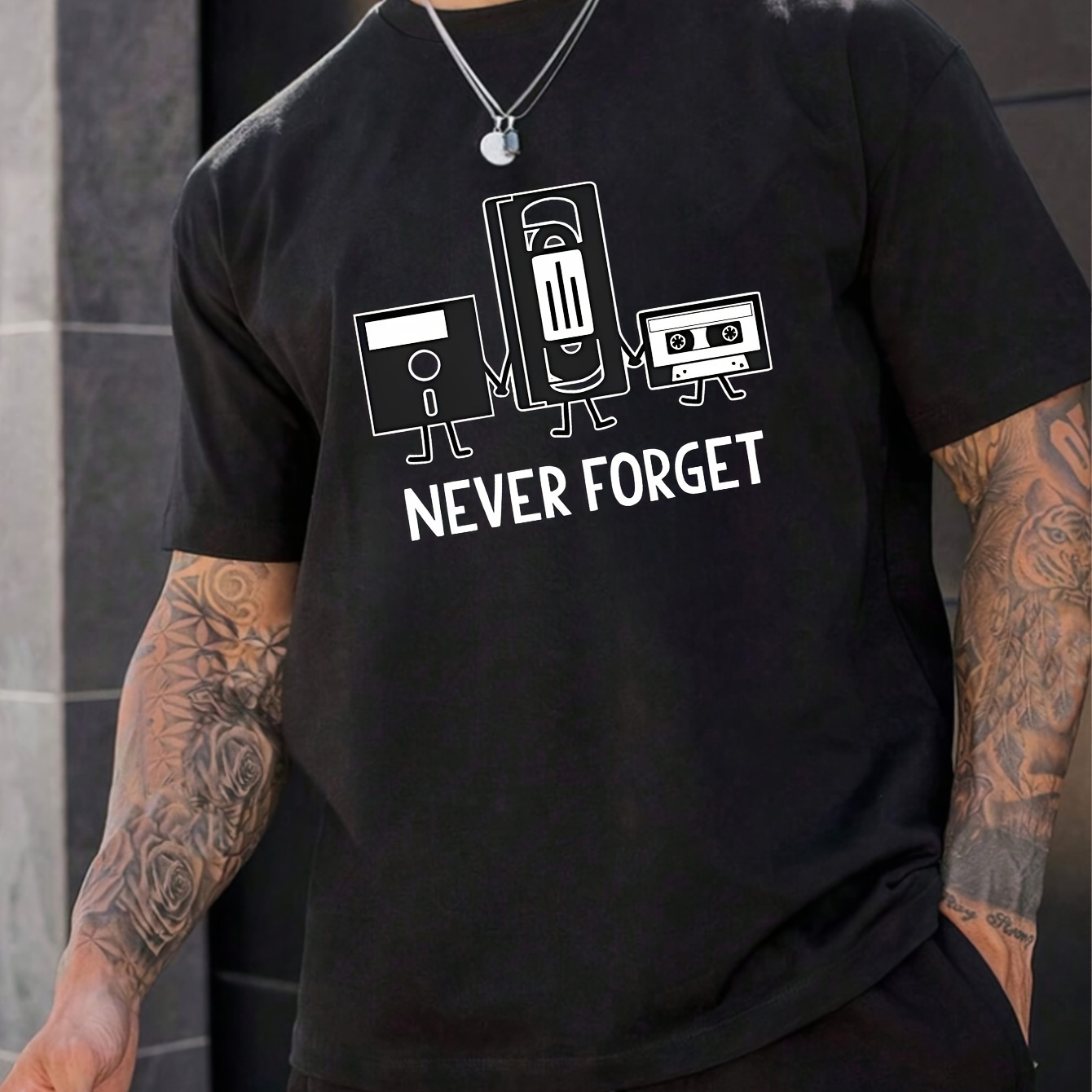 

' Never Forget ' Stylish Print Summer & Spring Tee For Men, Casual Short Sleeve Fashion Style T-shirt, Sporty New Arrival Novelty Top For Leisure