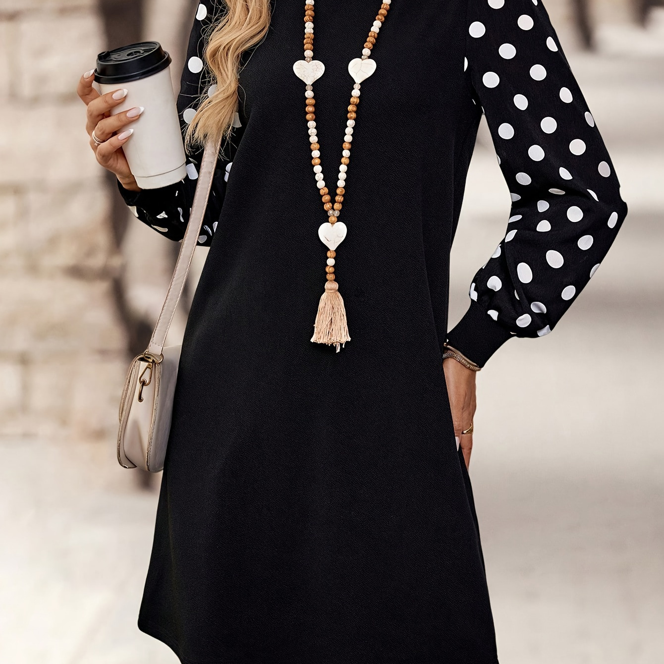 

Elegant Polka Dot Long Sleeve Knit Dress For Women - Crew Neck, Stretchy Polyester , Machine Washable