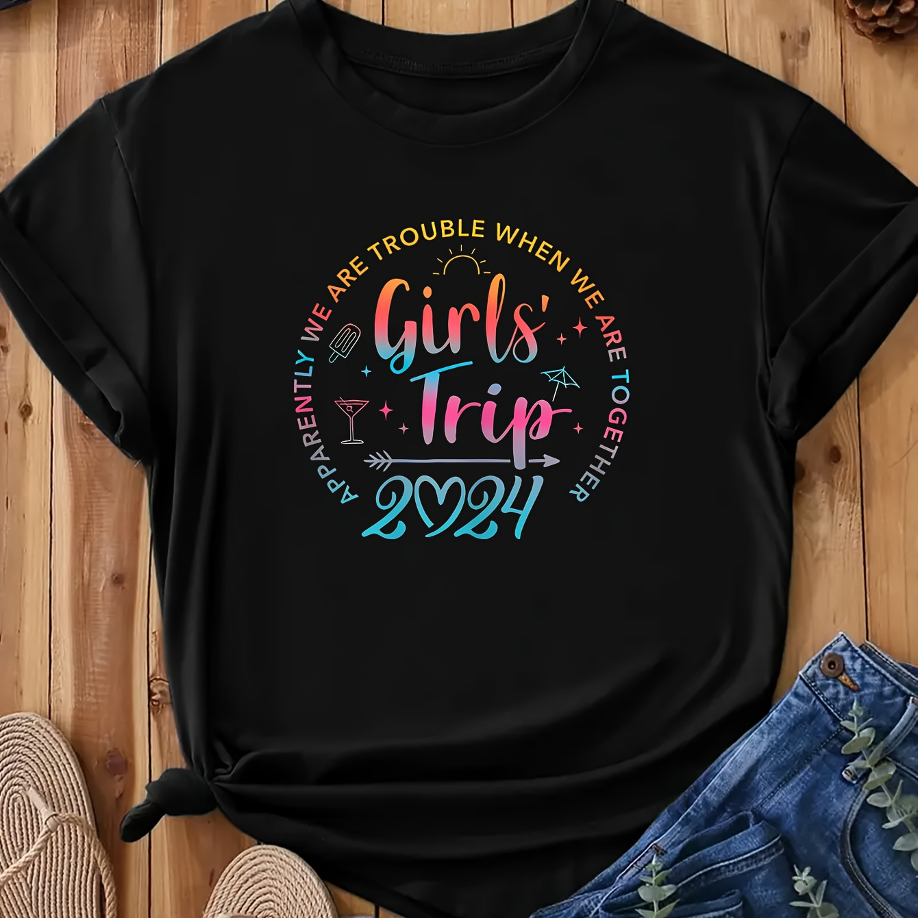 

2024 Girl's Trip Graphic Sports Tee, Casual Crew Neck Workout Fitness Short Sleeves Tops, Women's Activewear