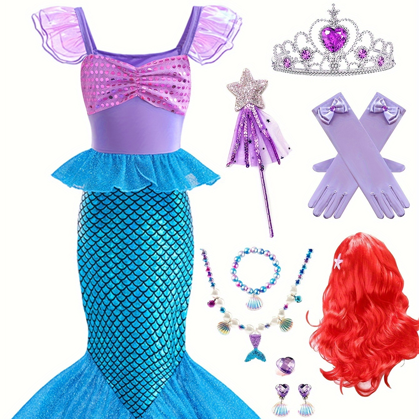 

Girls Cute & Stylish Mermaid Dress Up Outfit, Sleeve Color Ruffle Spliced Mermaid Tail Dress & Gloves & Wig & Accessories For Pool Party