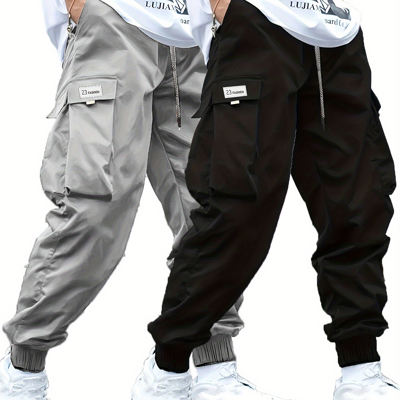 

2pcs Men's Plus Size Cargo Pants Set, Athletic And , Trendy Pants With Pockets